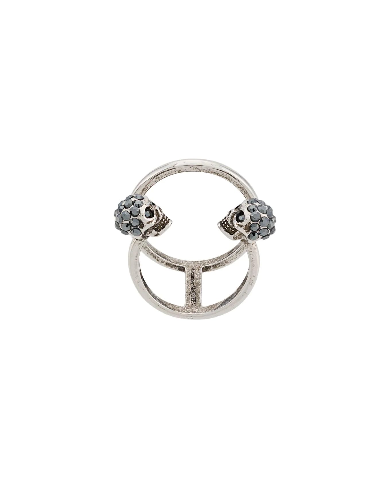 Alexander McQueen Double Twin Skull Ring In Antique Silver - Argento