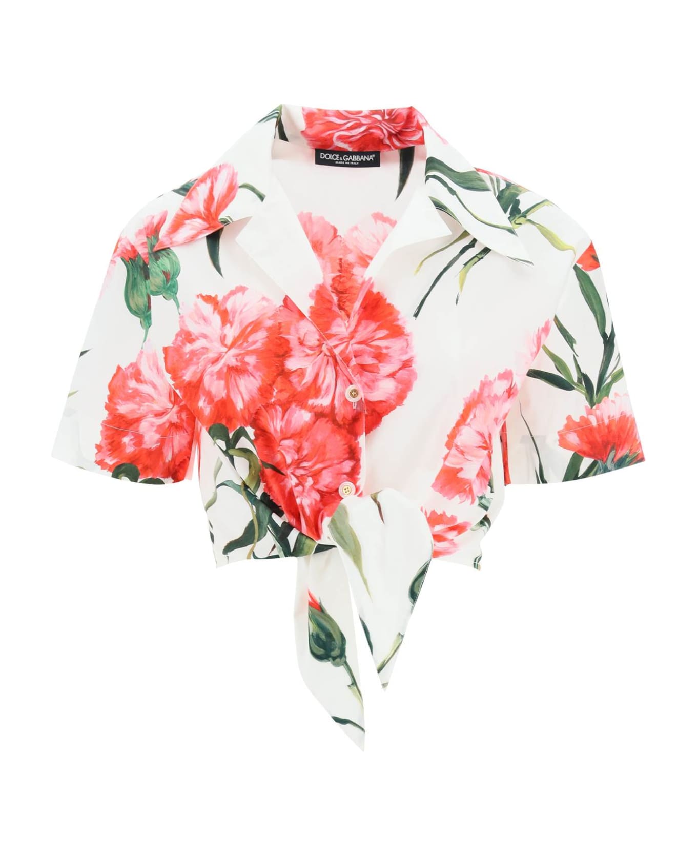 Dolce & Gabbana Carnation Print Cotton Cropped Shirt - GAROFANI NEW F BCO (White)