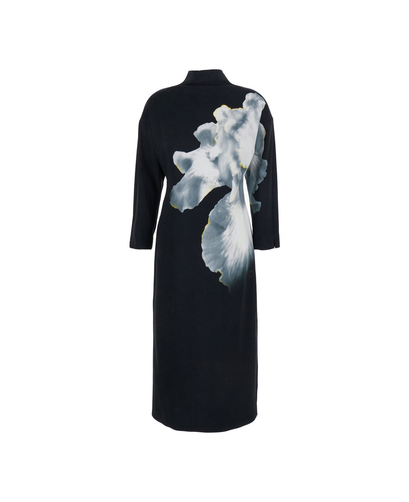 Alberta Ferretti Black Long Dress With High Neck And Floral Print In Cady Woman - Black