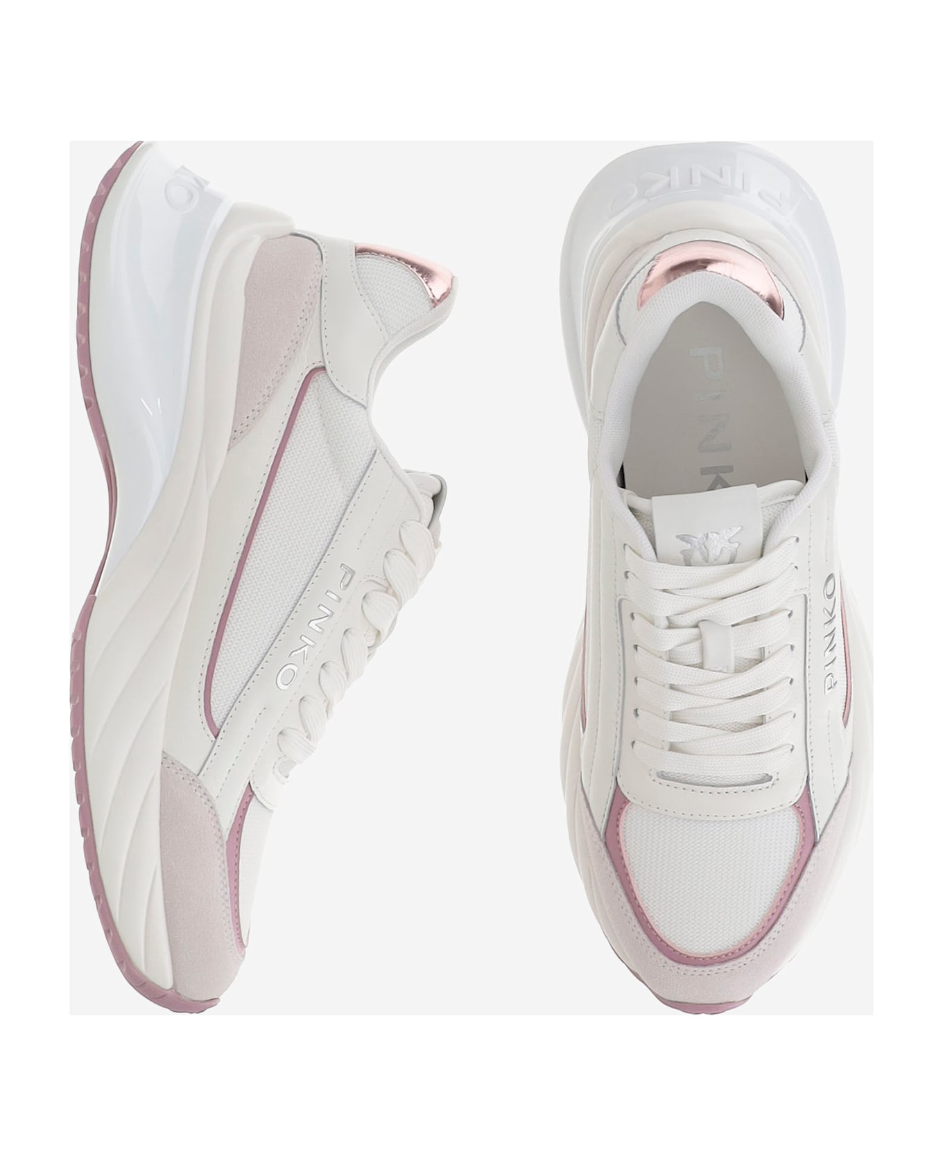 Pinko Mesh And Leather Sneakers With Logo - White