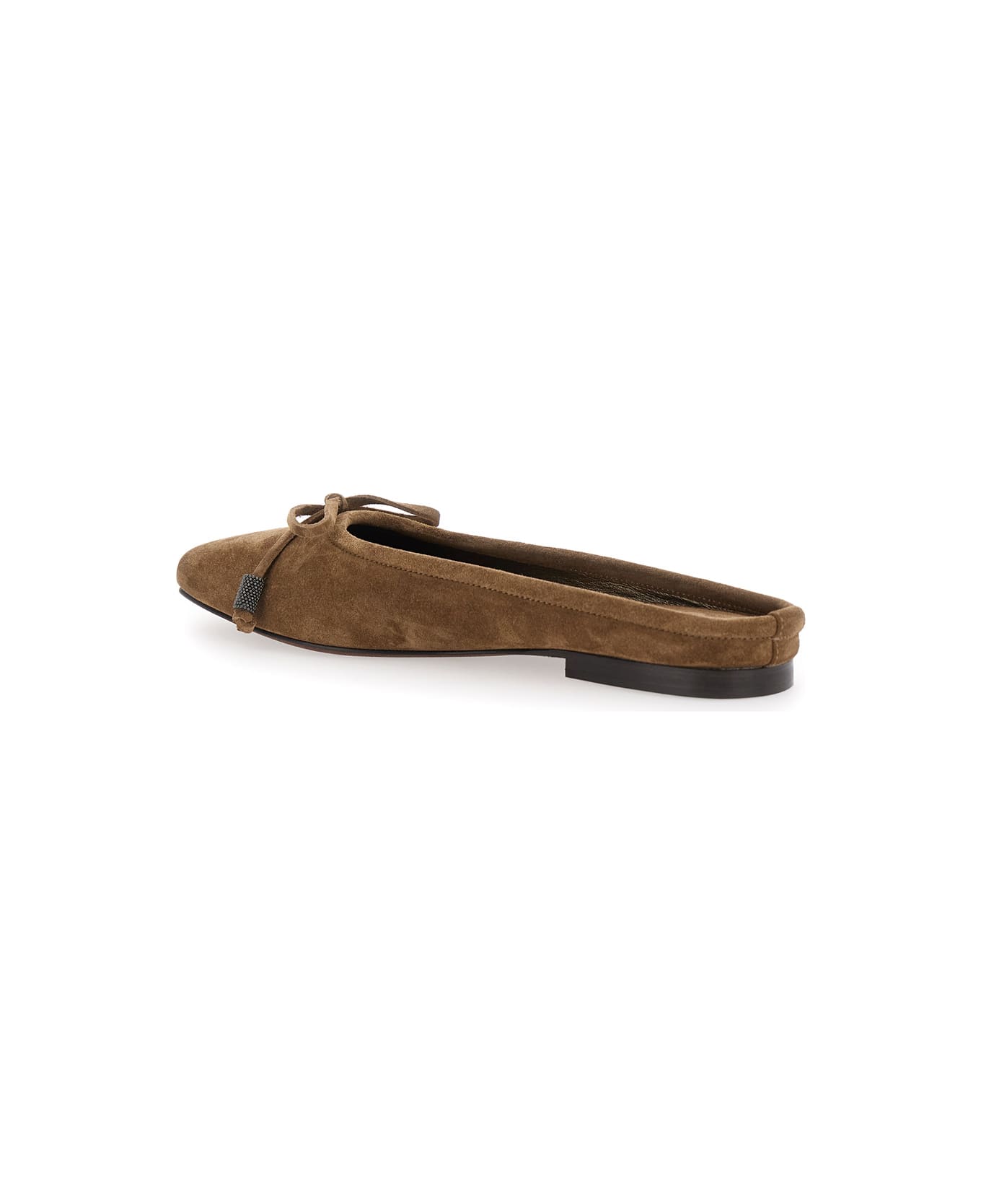Brunello Cucinelli Beige Ballet Shoes With Square Toe And Bow With Monil Detail In Leather Woman - Beige