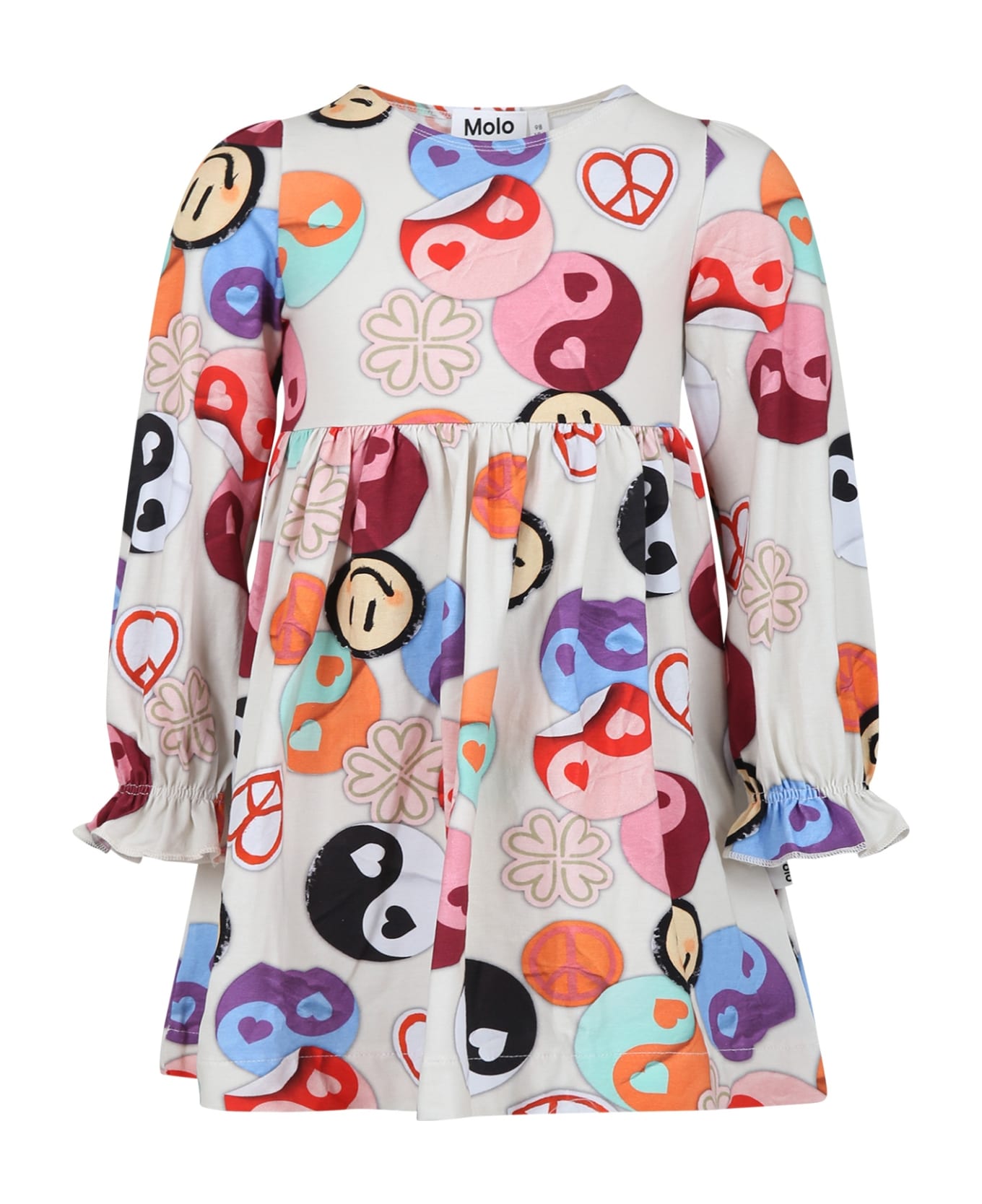 Molo Ivory Dress For Girl With Smiley And Yin And Yang Print - Multicolor ワンピース＆ドレス