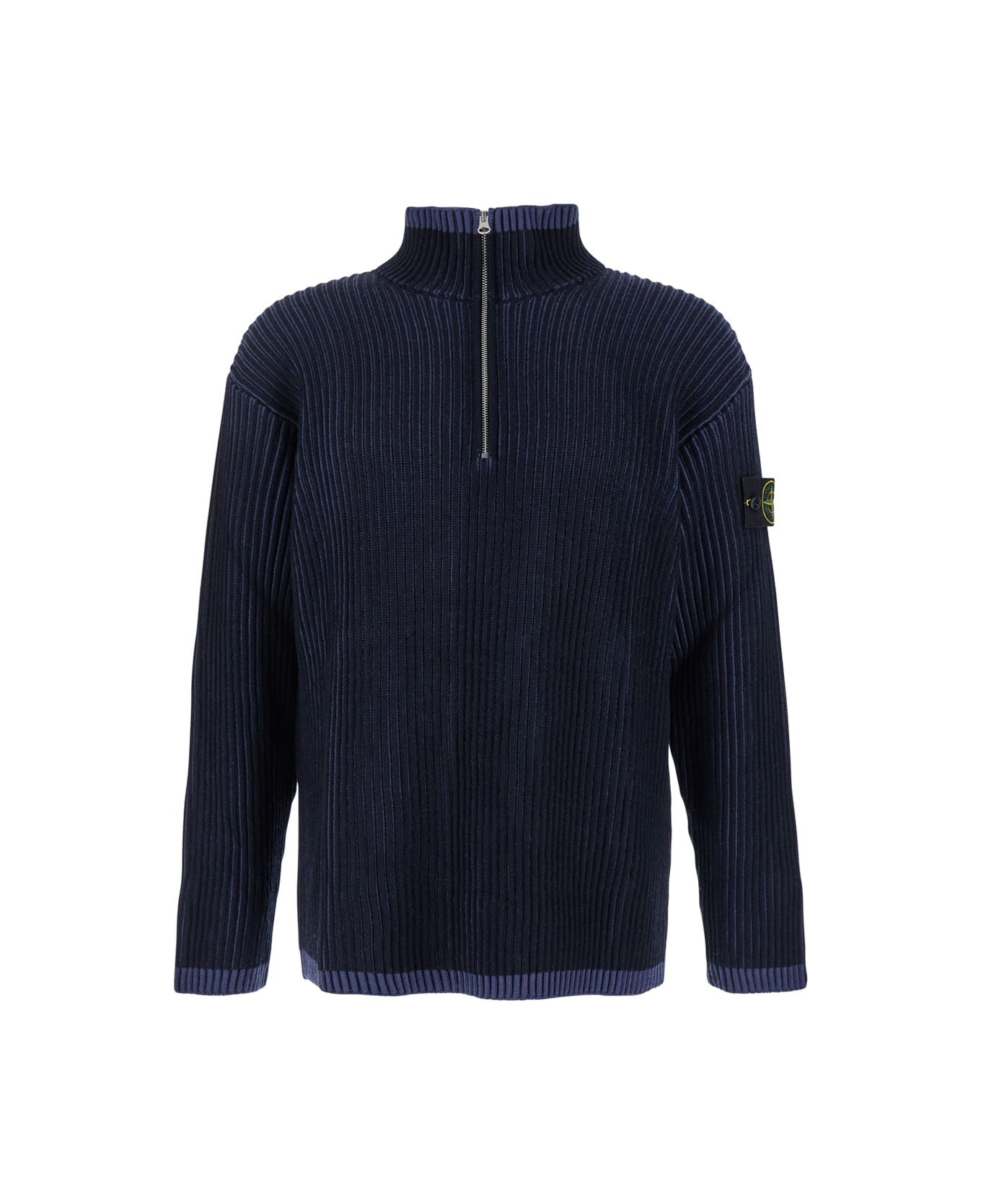 Stone Island Blue Ribbed Sweater With Logo Patch In Virgin Wool Man - Blu