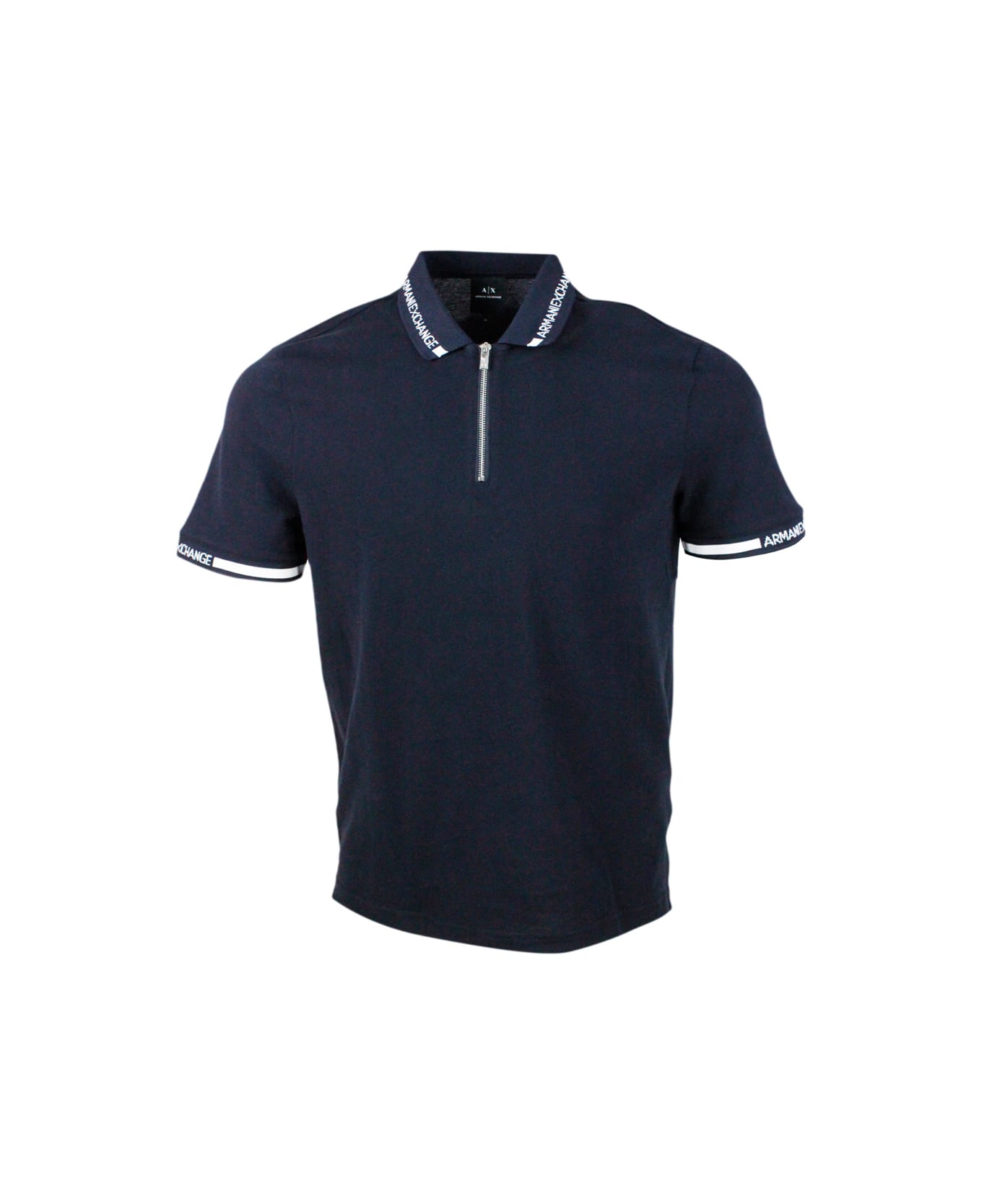 Armani Collezioni Hort-sleeved Pique Cotton Polo Shirt With Zip Closure And Writing On The Collar - Blue ポロシャツ
