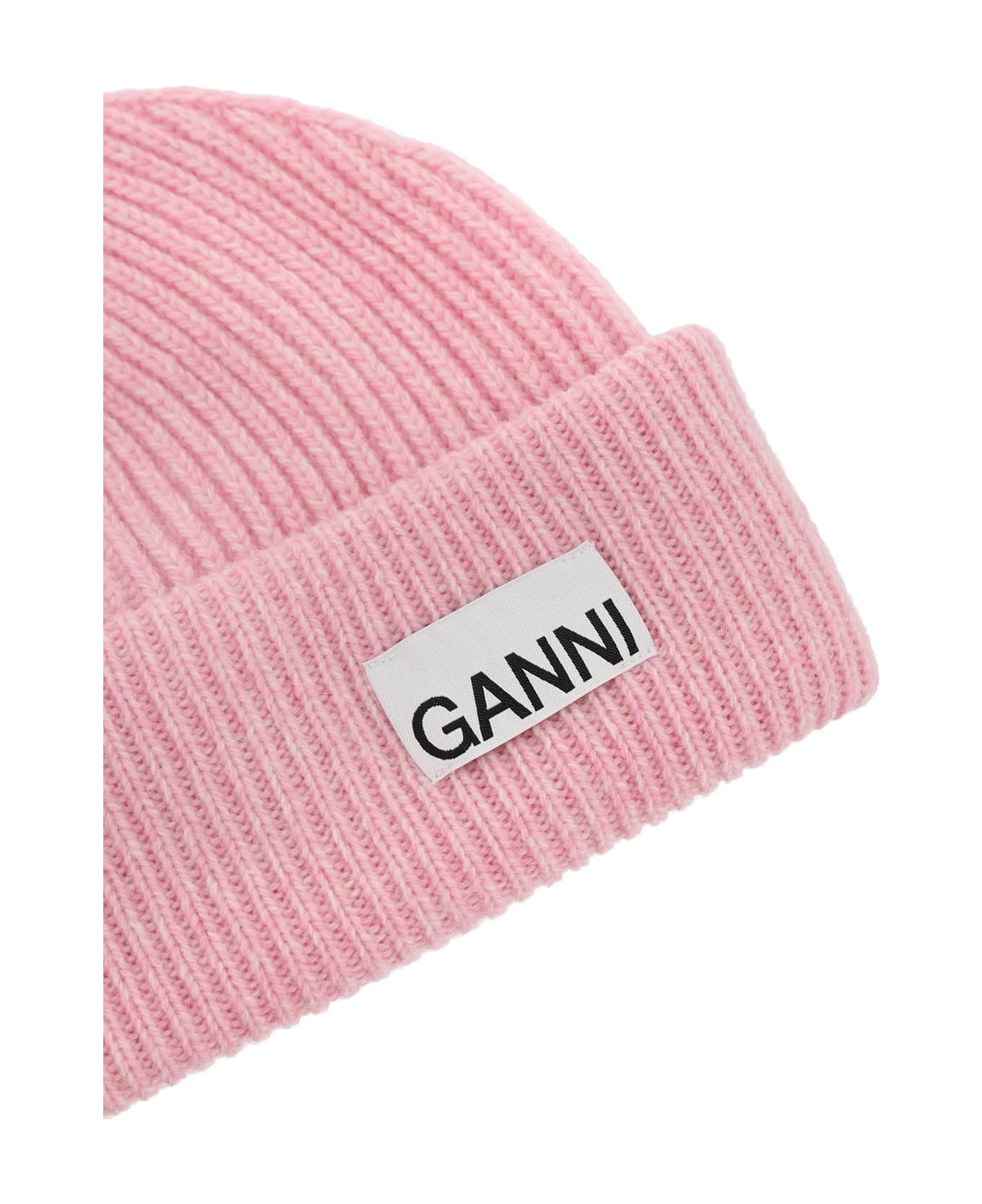Ganni Beanie Hat With Logo Label - MAUVE CHALK (Pink)