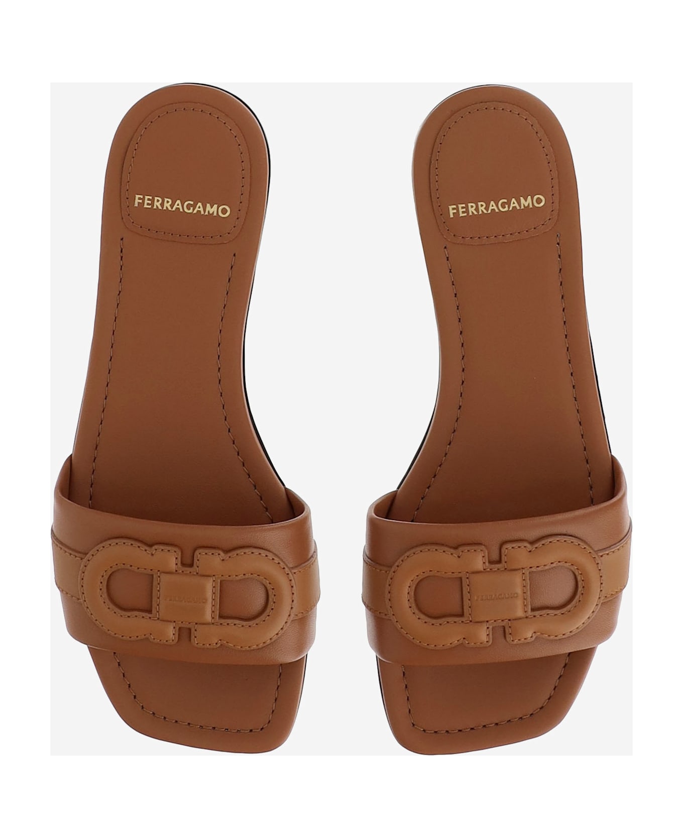 Ferragamo Leather Flat Sandals With Logo - Brown
