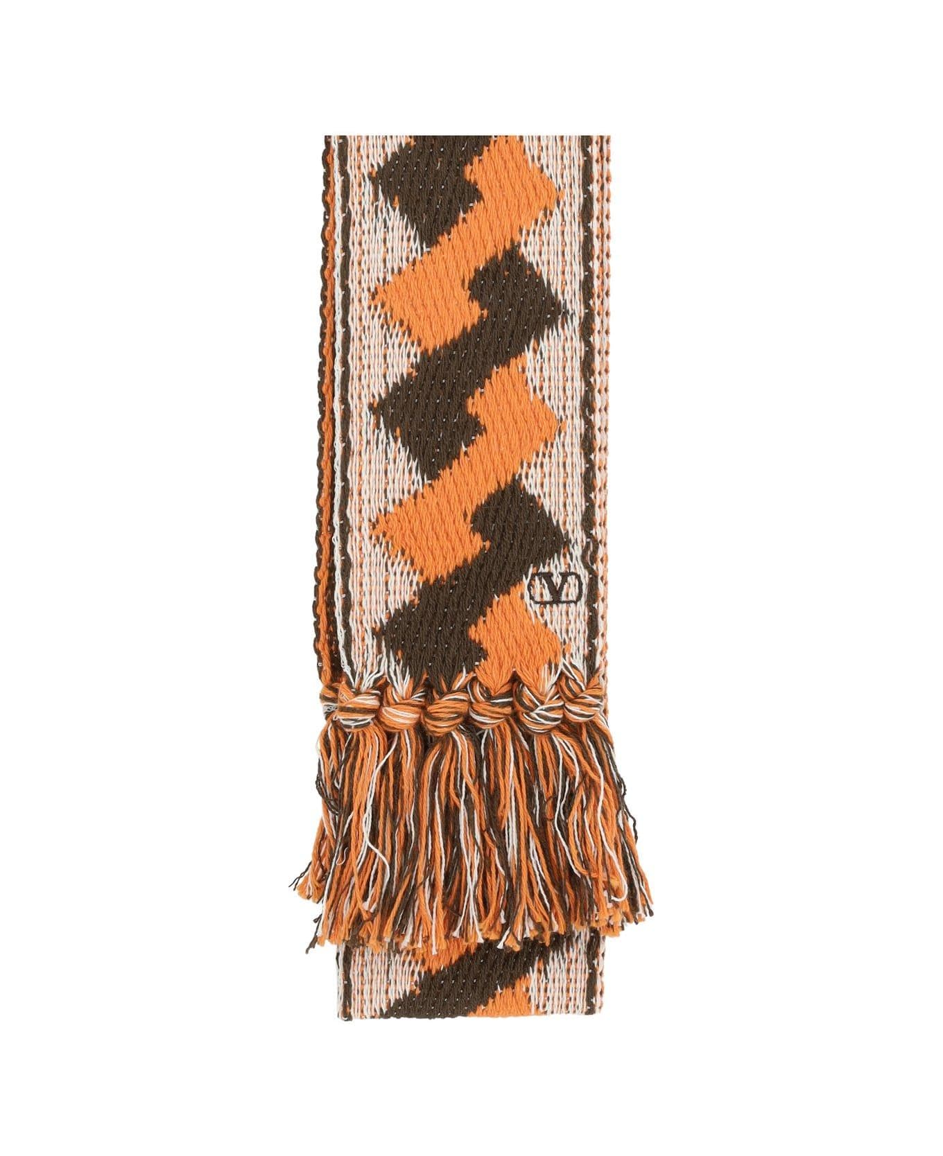 Valentino Garavani Logo Embroidered Fringed Edge Scarf - Ivory