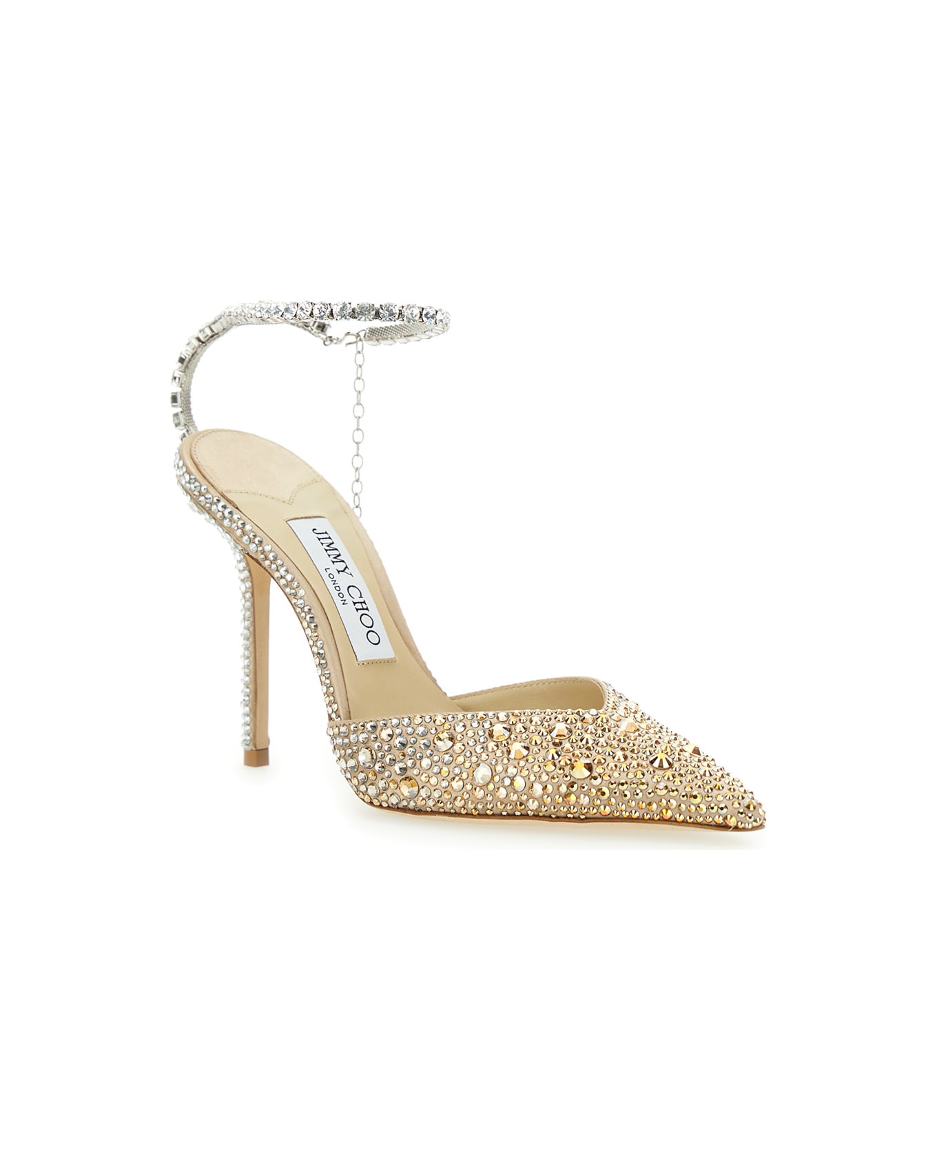 Jimmy Choo 'saeda 100' Gold Pumps With All-over Crystals In Satin Woman - Beige