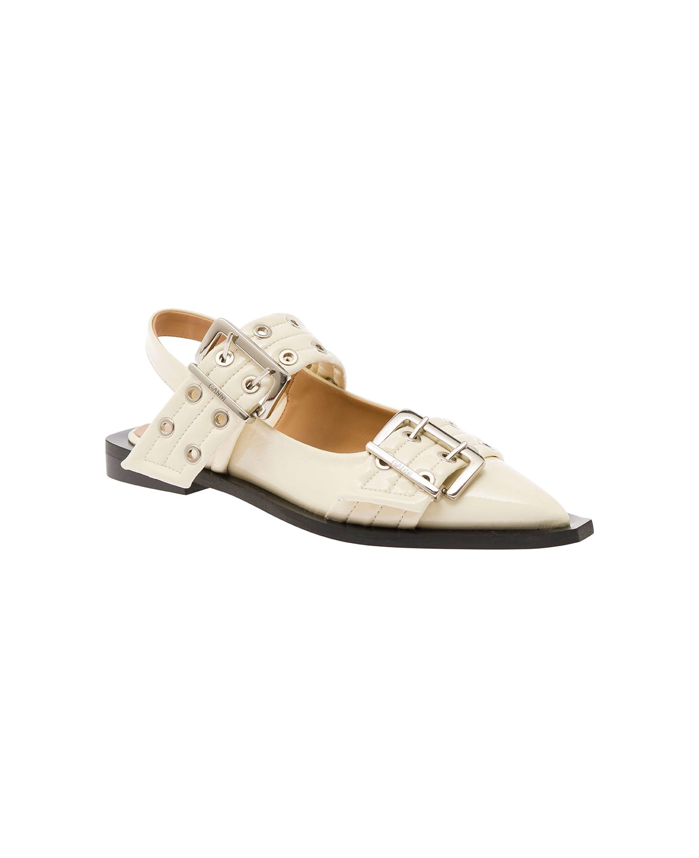 Ganni White Slingback Ballet Flats With Chunky Buckle In Recycled Polyester Blend Woman - White フラットシューズ