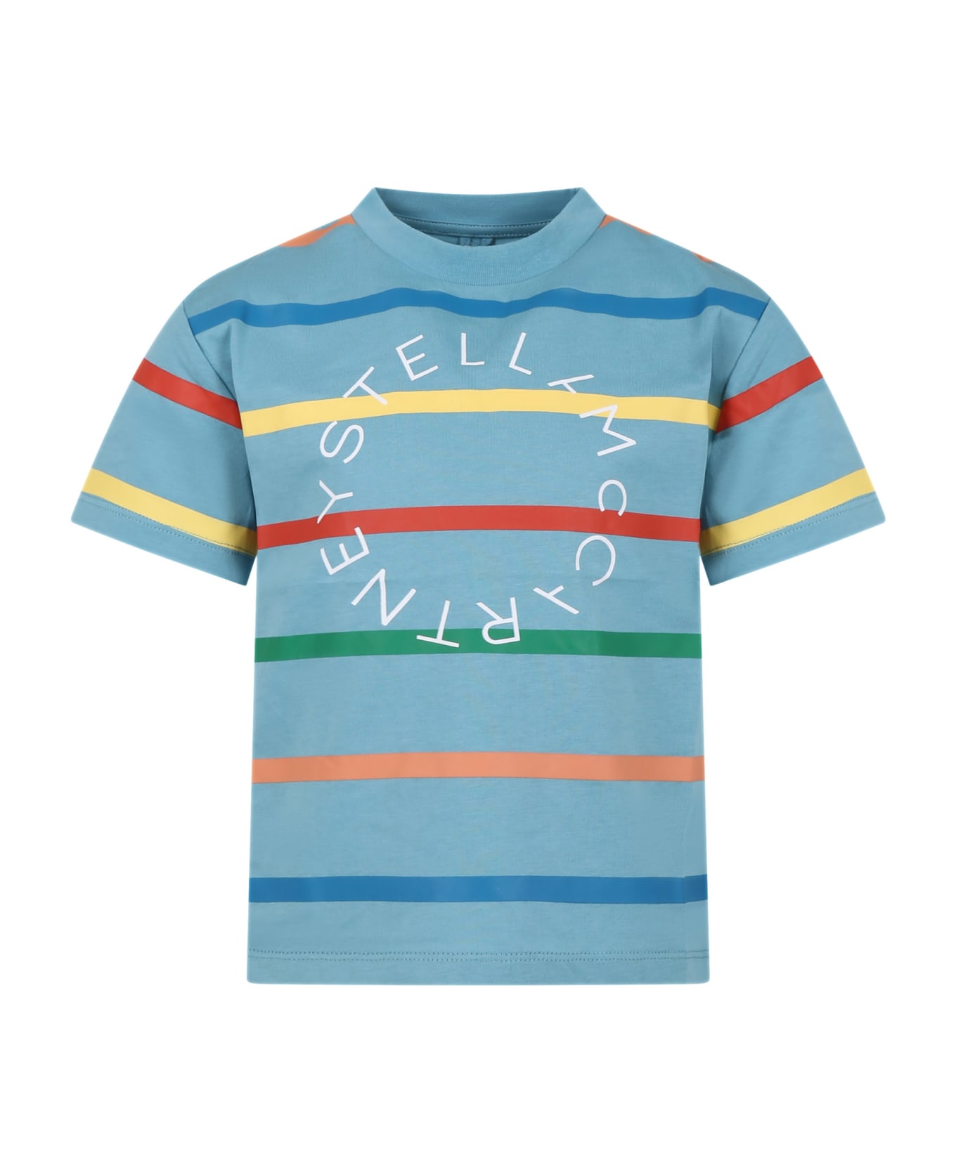 Stella McCartney Light Blue T-shirt For Kids With Logo And Multicolor Stripes - Multicolore