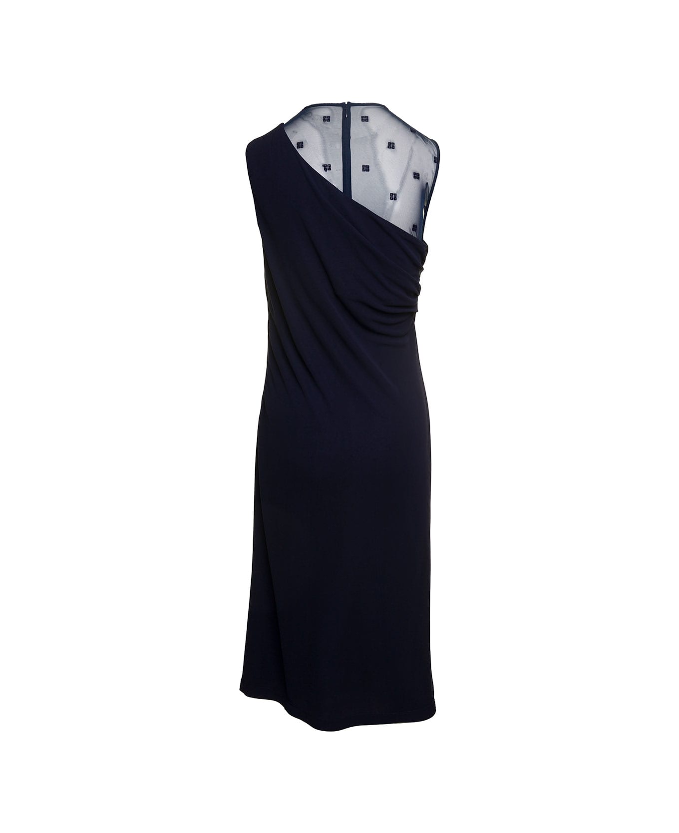 Givenchy Midi Draped Sleeveless Dress With 4g Plumentis Trasparent Tulle In Viscose - Blu