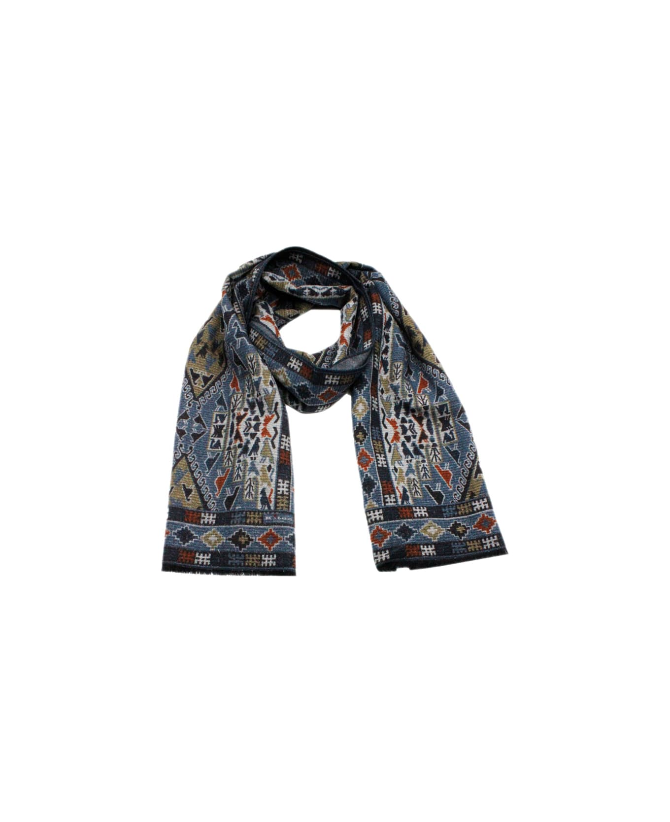 Kiton Light Scarf With Small Fringes At The Bottom With A Patterned Motif - Blu