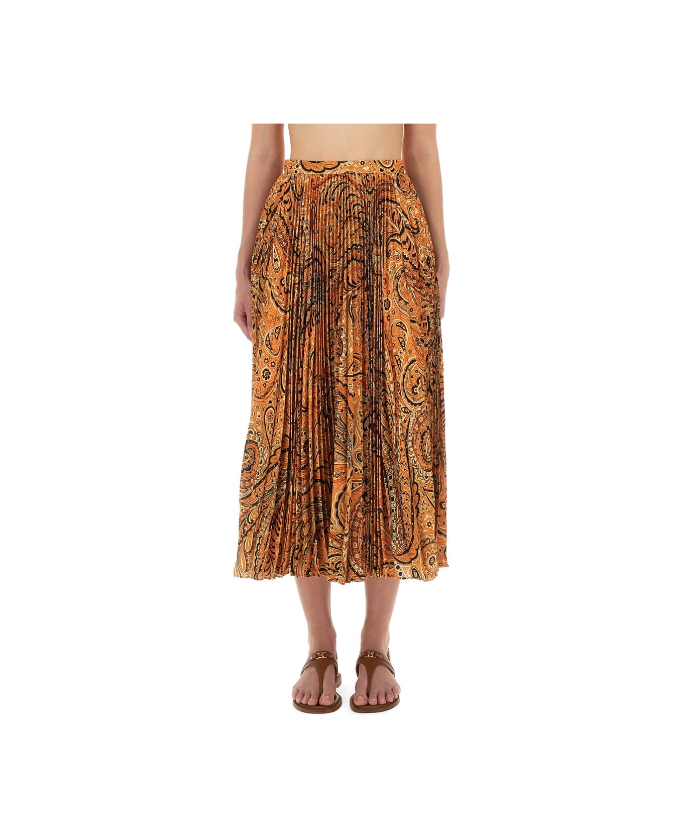 Etro Pleated Sablé Skirt With Print - ORANGE