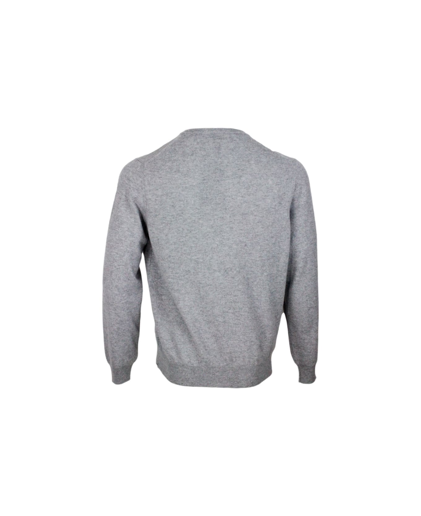 Colombo Long-sleeved V-neck Sweater In Fine 2-ply 100% Kid Cashmere With Special Processing On The Edge Of The Neck - Grey