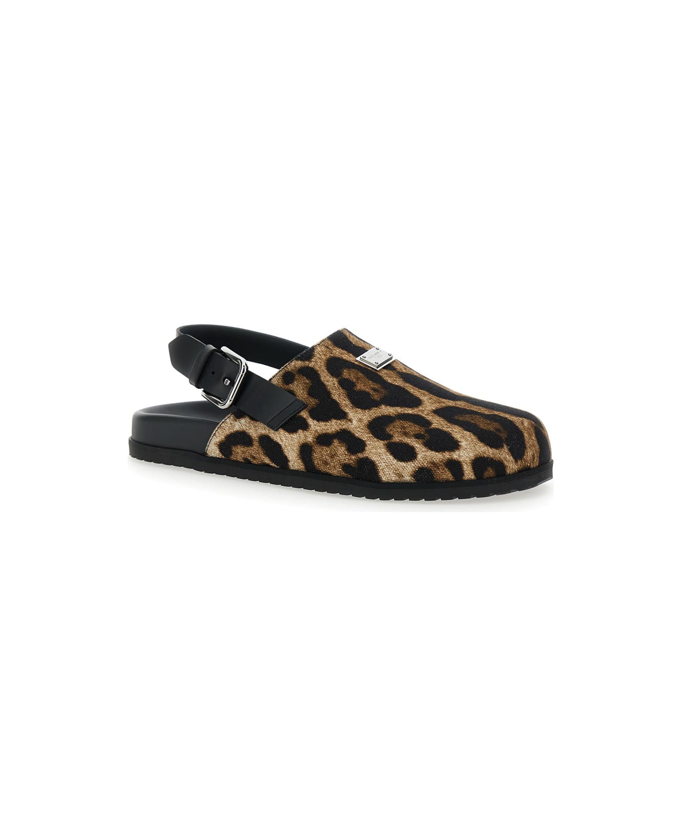 Dolce 
Gabbana Brown Mules With Logo Plaque On The Front And Leopard Motif In Leather And Cotton Blend Man - Brown