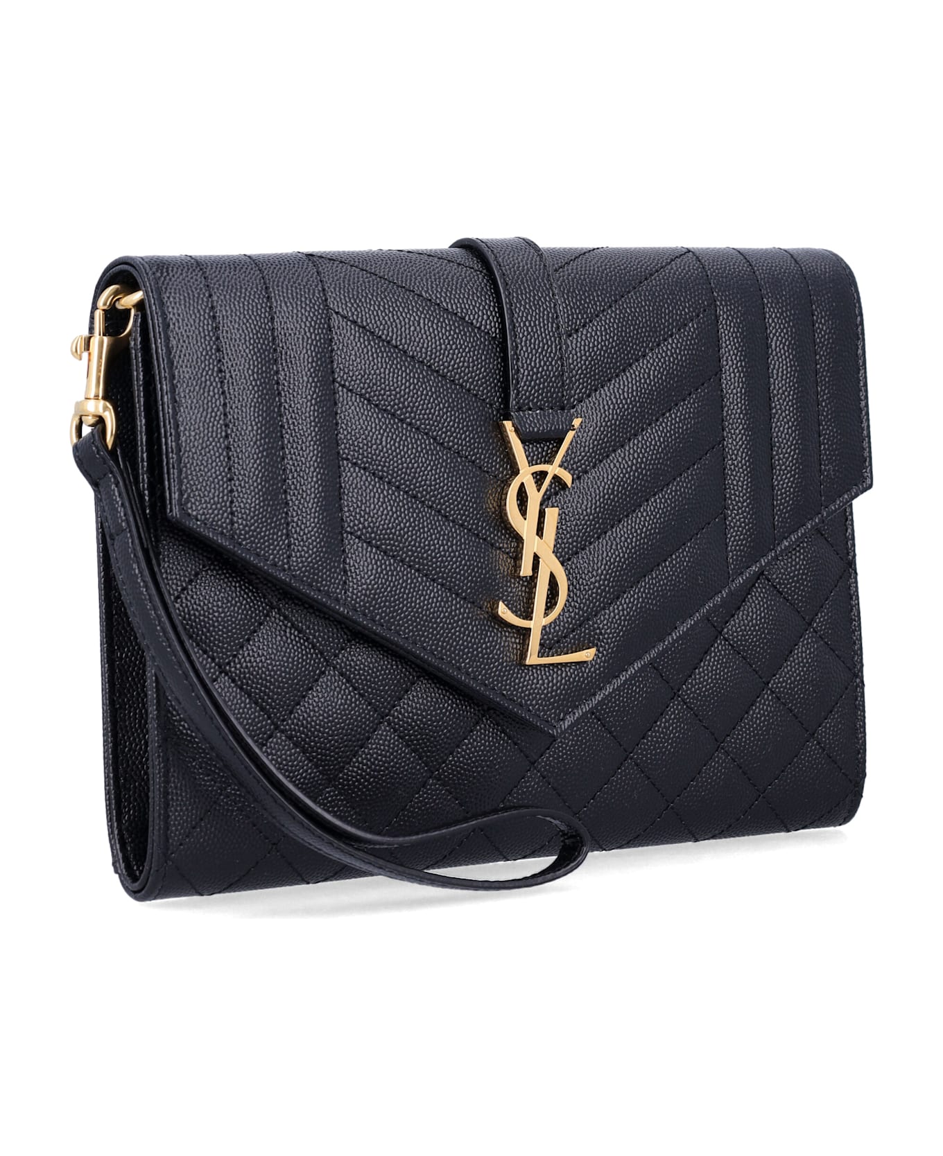 Saint Laurent Envelope Flap Pouch In Mix Matelassé Grain De Poudre Leather - BLACK