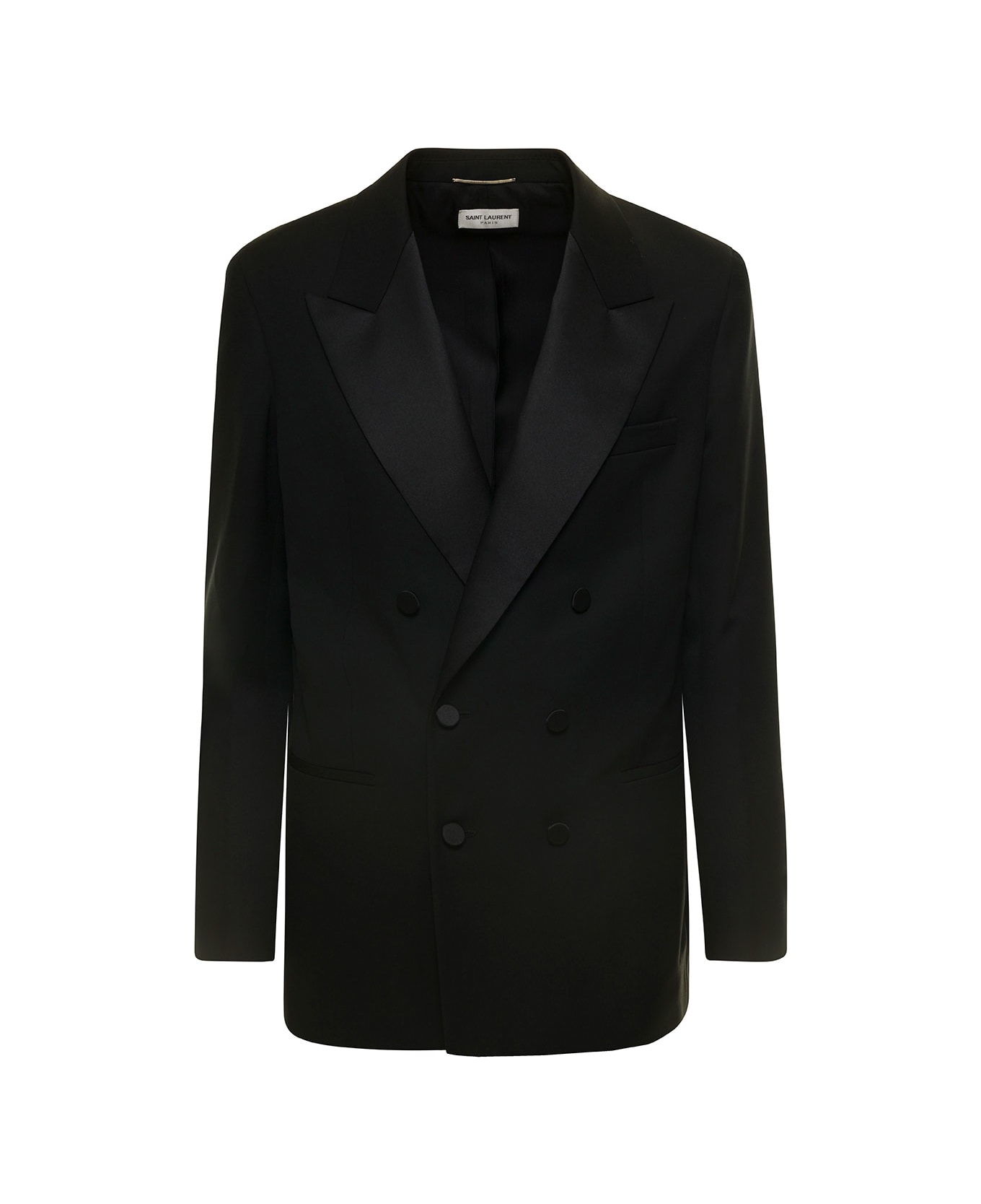Saint Laurent Black Double-breasted Blazer With Satin Peak Lapels  In Wool Man - Black