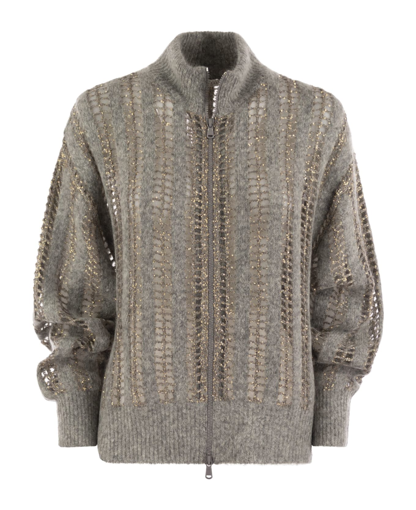 Brunello Cucinelli Wool And Mohair Cardigan With Mesh Workmanship - Grey