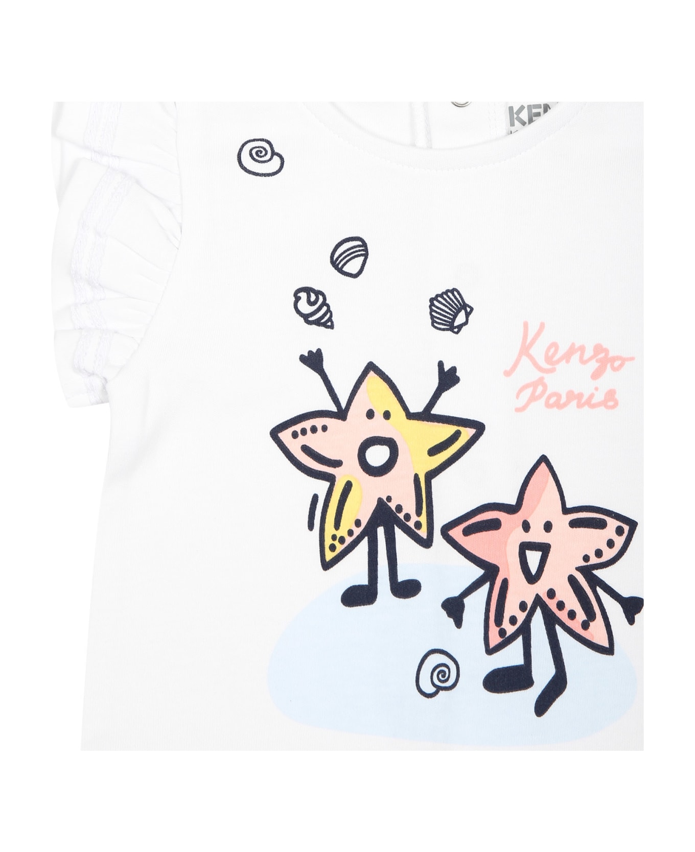 Kenzo Kids White Romper For Baby Girl With Starfish And Logo - White