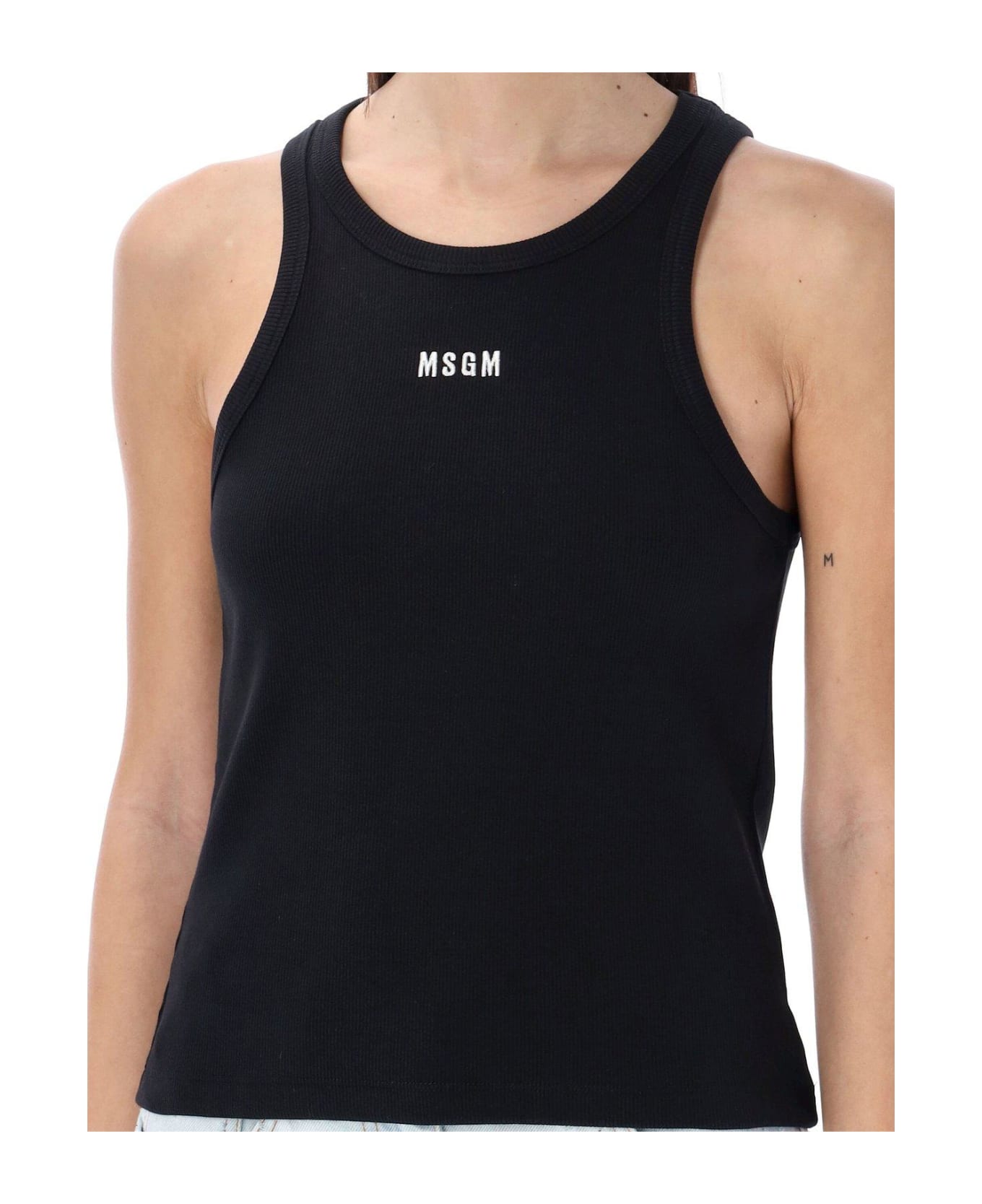 MSGM Logo Embroidered Sleeveless Ribbed Tank Top - Black