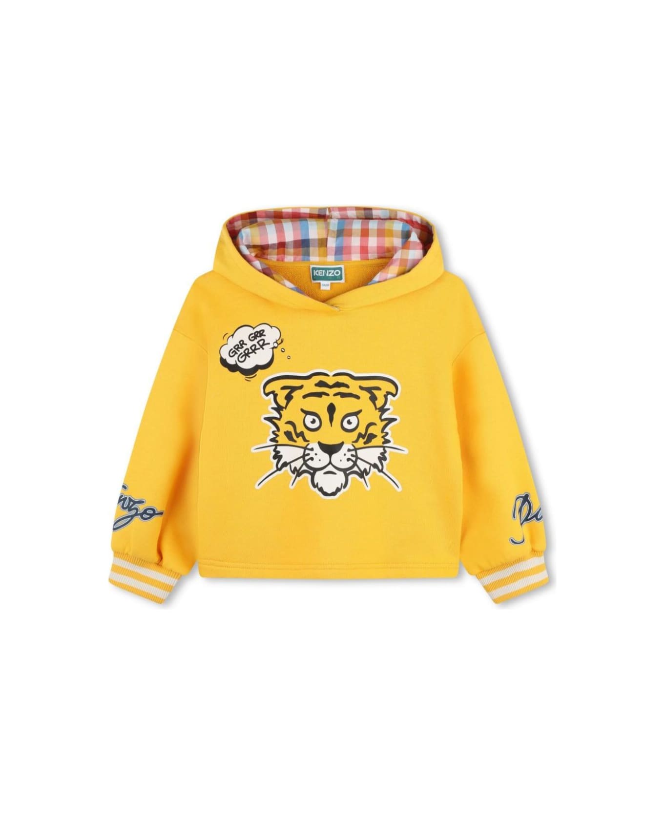 Kenzo Kids Yellow Hoodie With Tiger Patch In Cotton Blend Girl - Yellow