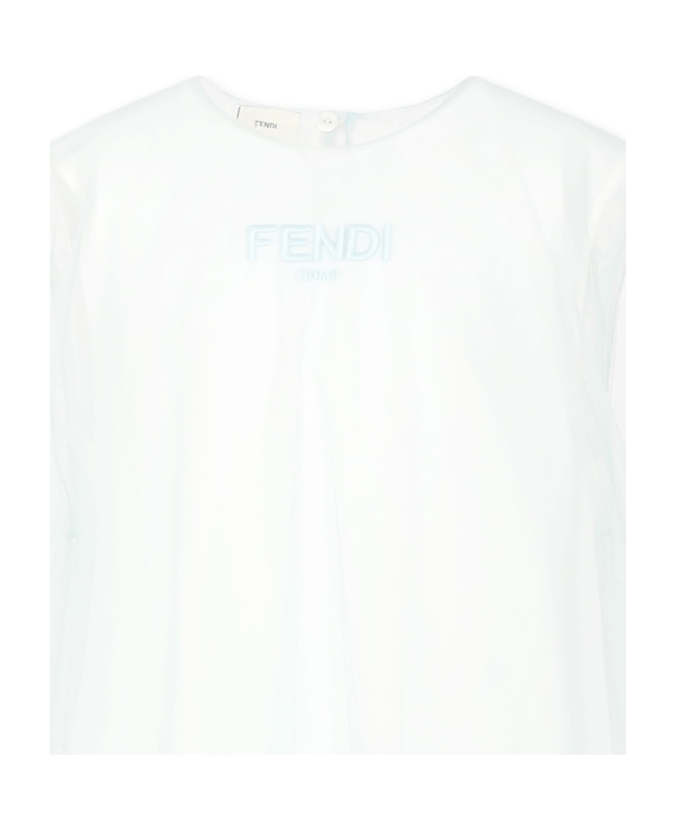 Fendi Green Dress For Girl With Logo - Light Blue