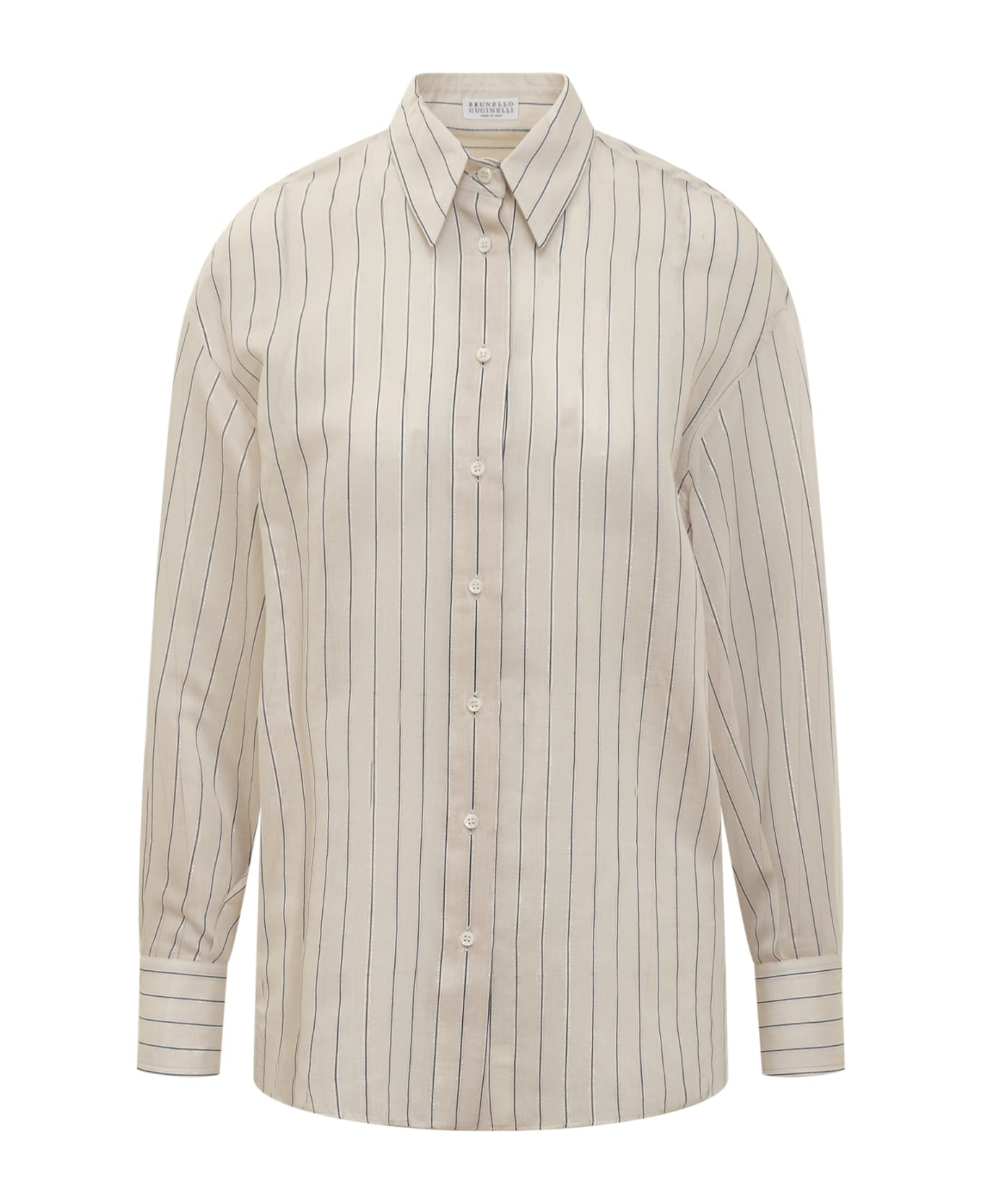 Brunello Cucinelli Cotton And Silk Sparkling Stripe Poplin Shirt With Monile - SALGEMMA/BIANCO/NERO