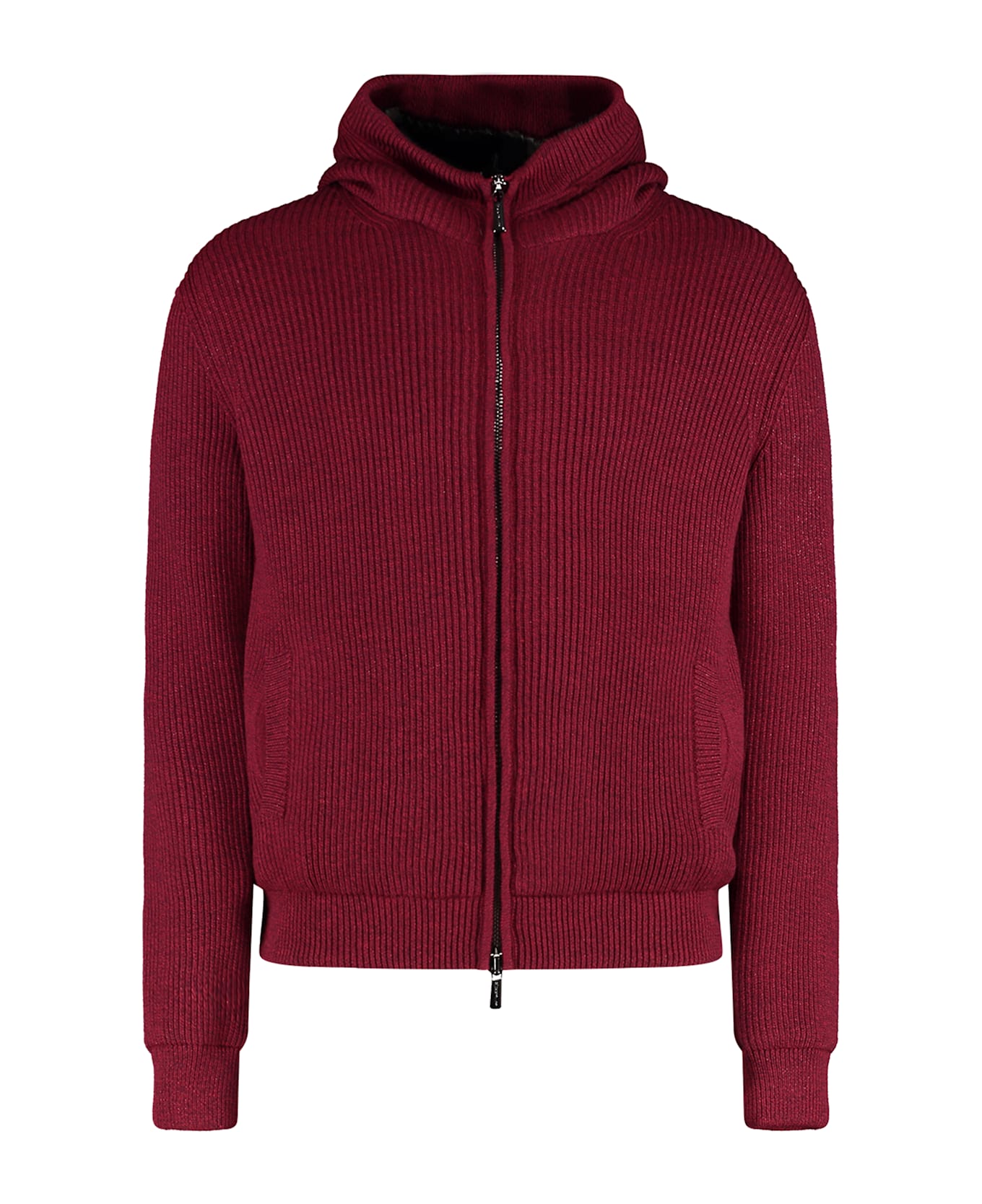Moorer Knitted Full Zip Hoodie - Burgundy