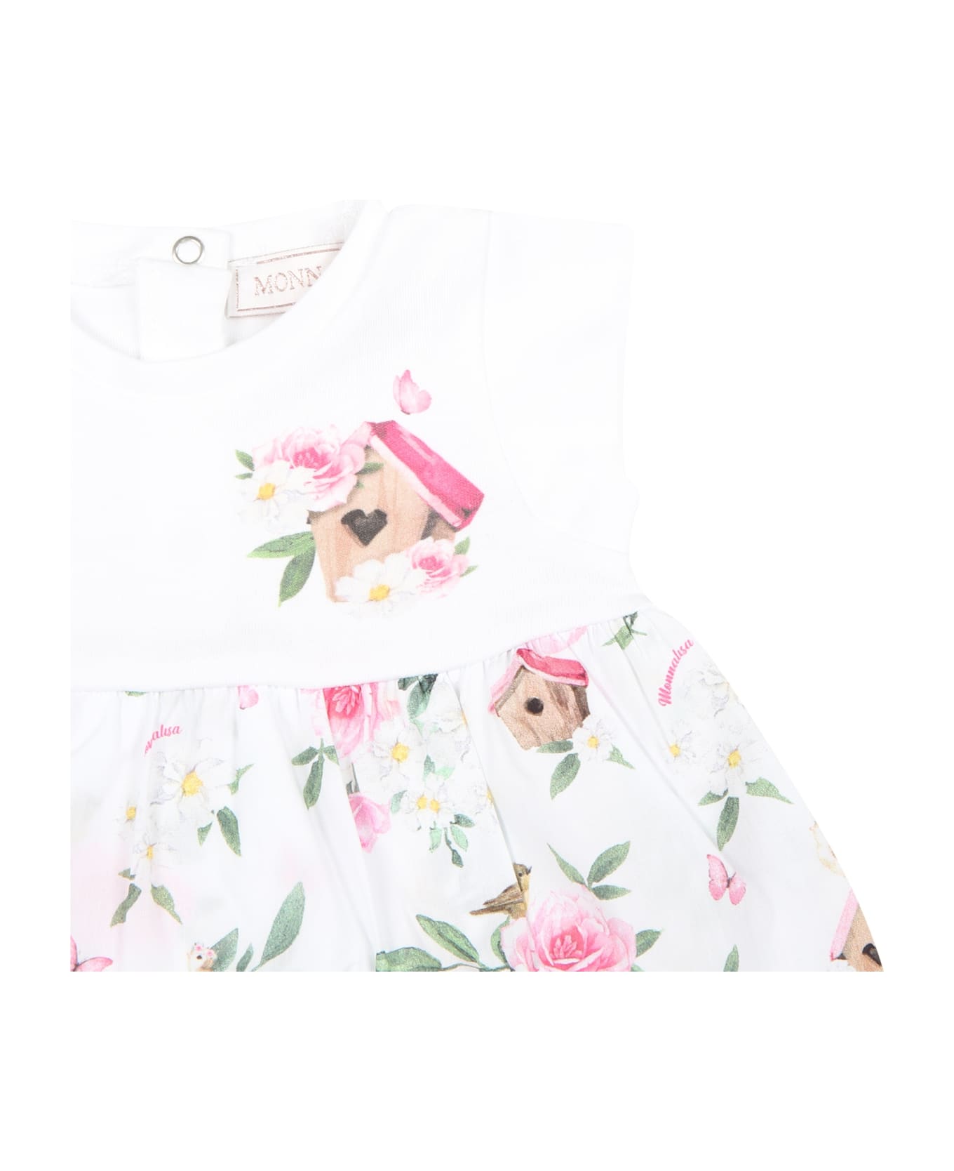 Monnalisa White Romper For Baby Girl With Flowers Print - White ボディスーツ＆セットアップ