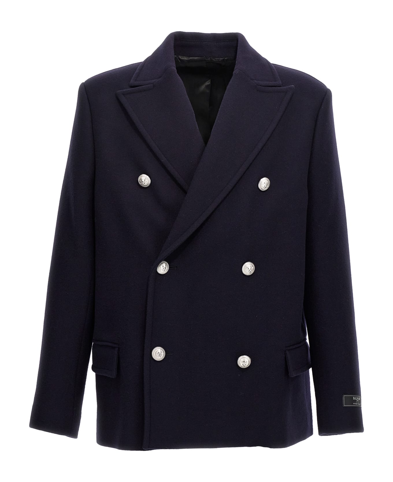 Balmain Double-breasted Coat With Logo Buttons - MARINE コート
