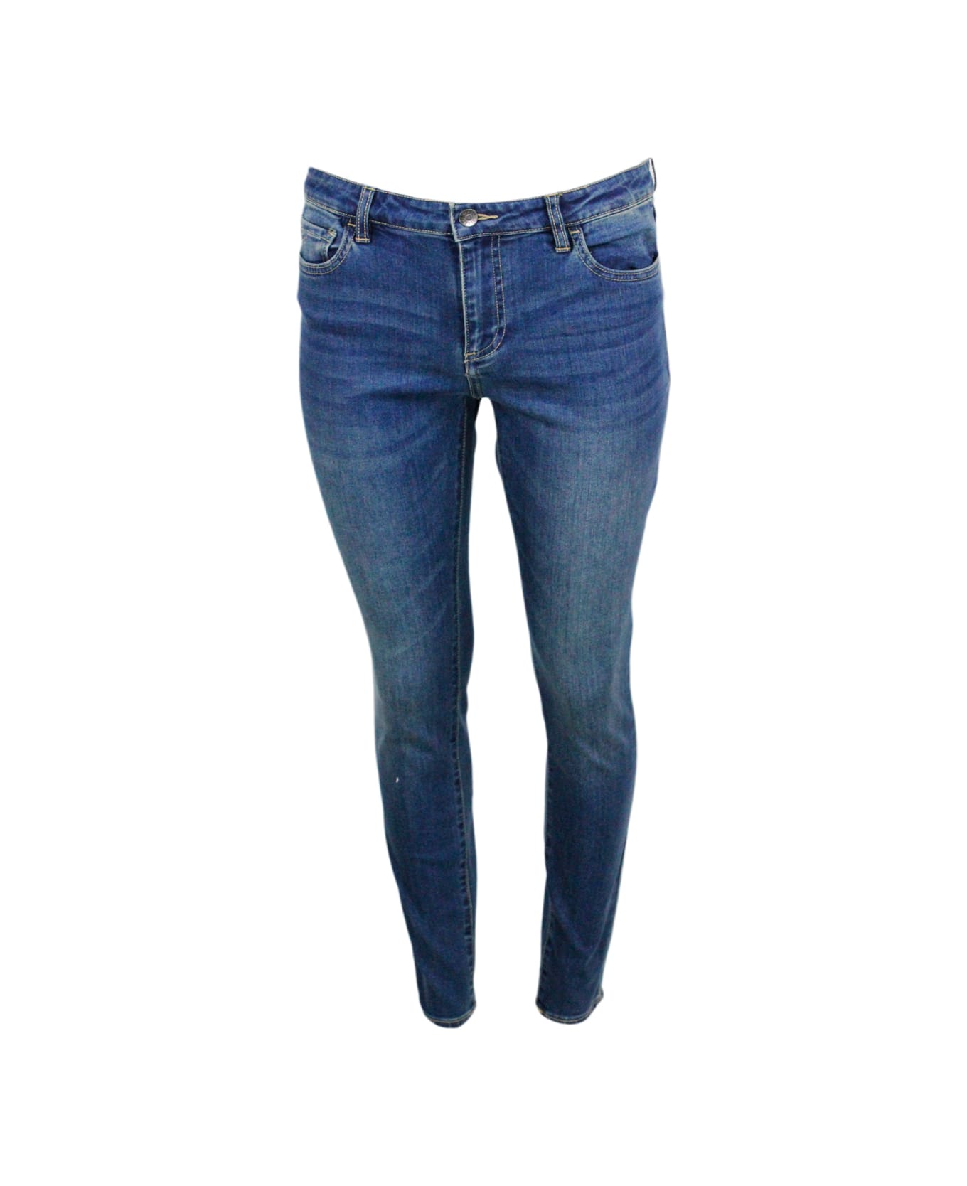 Armani Collezioni Super Skynny Mid Rise Jeans Trousers In Stretch Denim With Logo On The Back Pocket - Denim