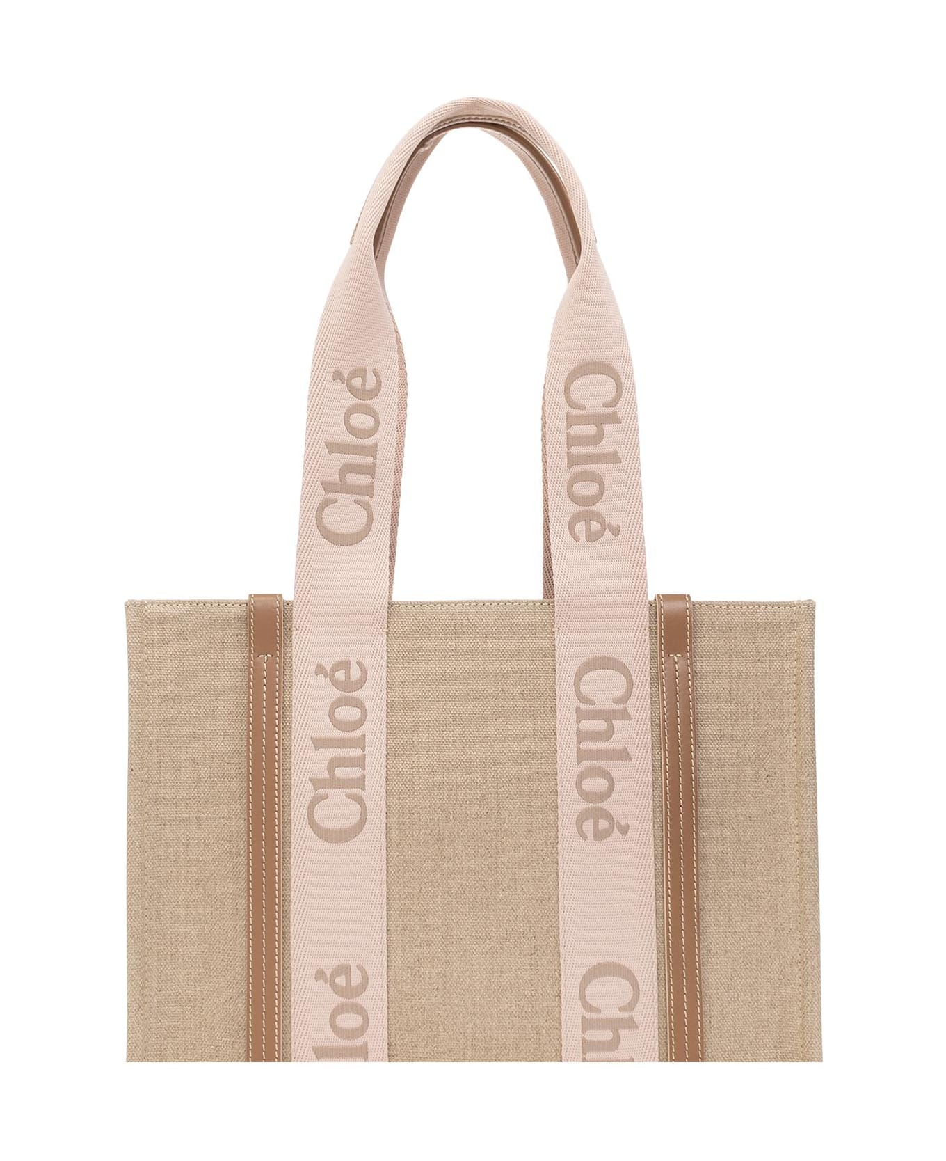 Chloé Pink And Beige Woody Medium Shopping Bag With Shoulder Strap - Beige