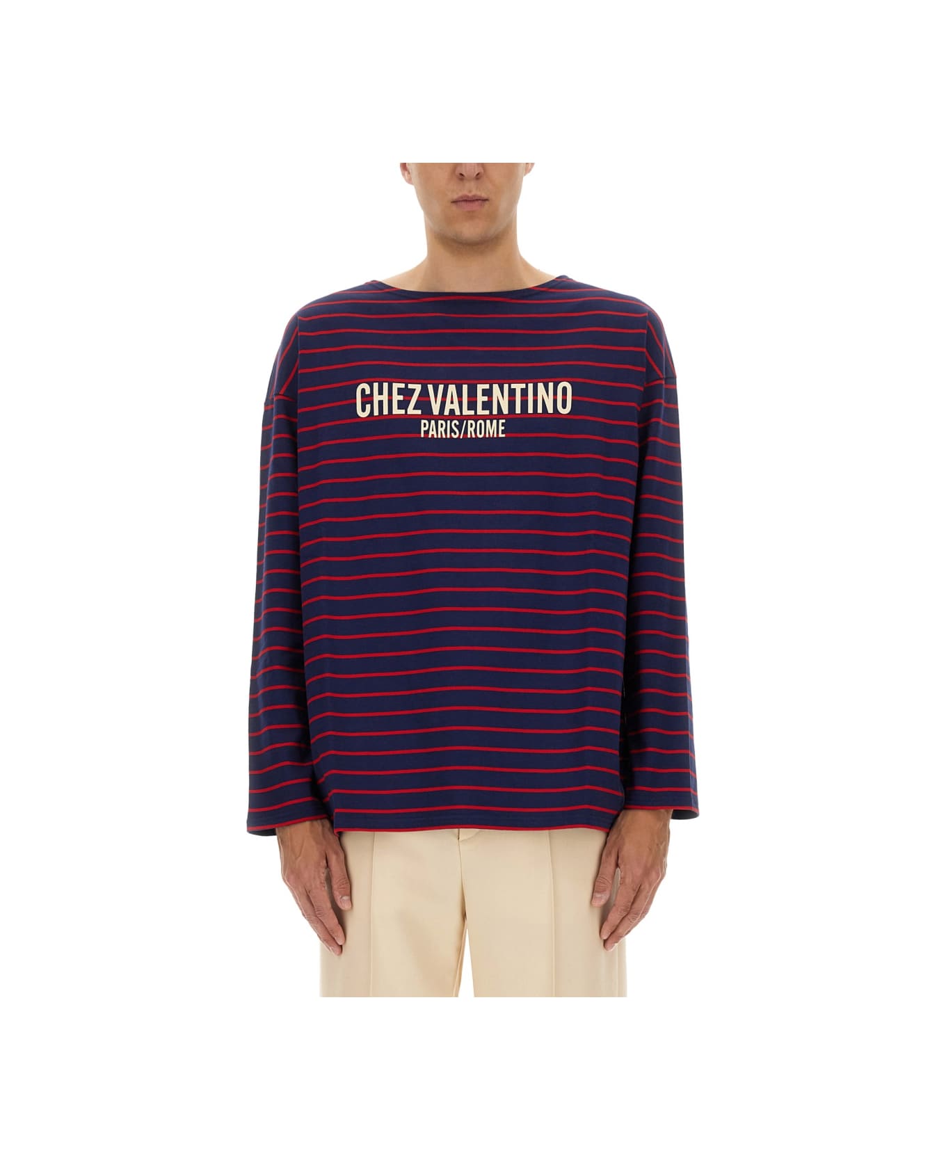 Valentino Long Sleeve T-shirt With "chez Valentino" Print - BLUE