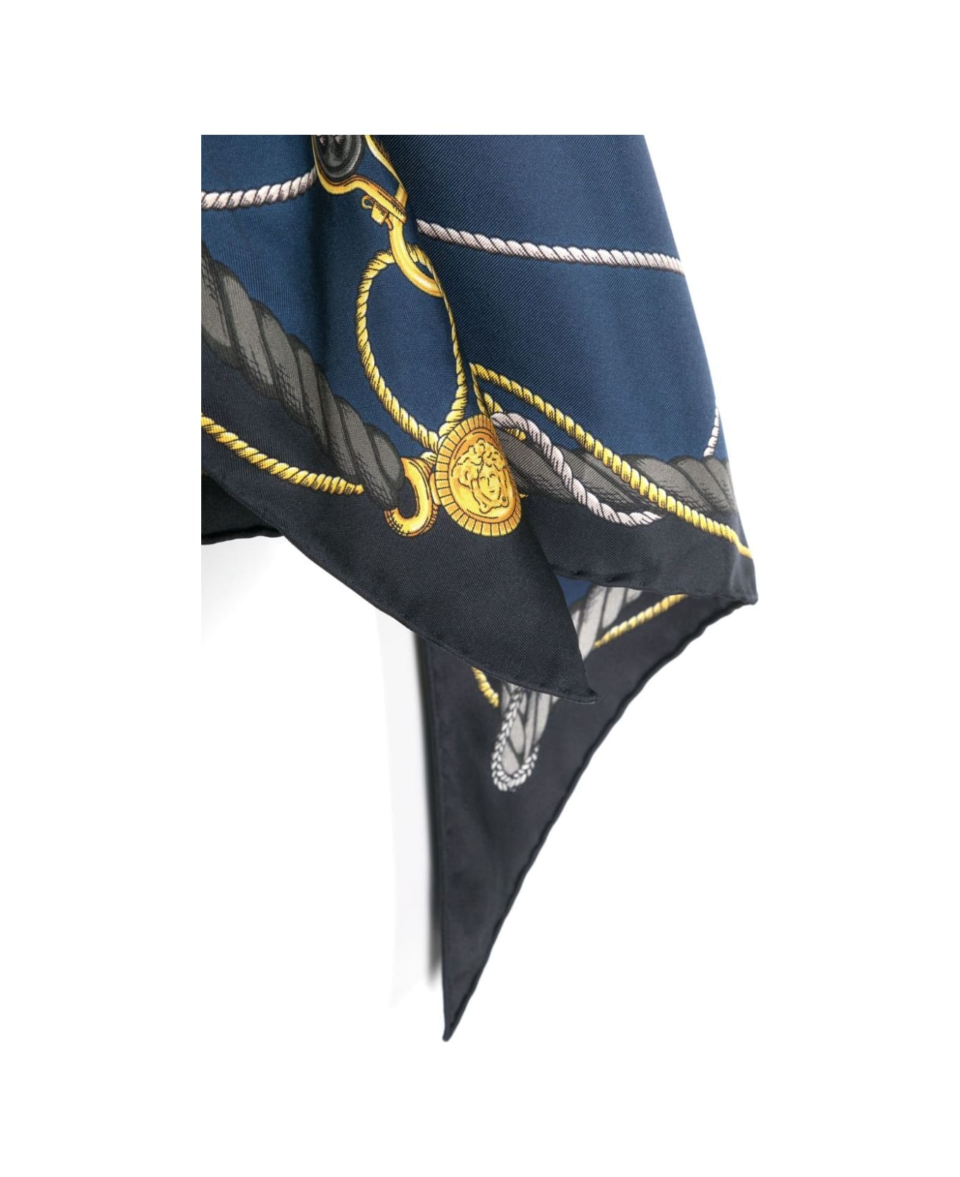 Versace Triangle Foulard 130x60 Side 90 Nautical Print Bio Silk Twill Accessory - Blue Gold