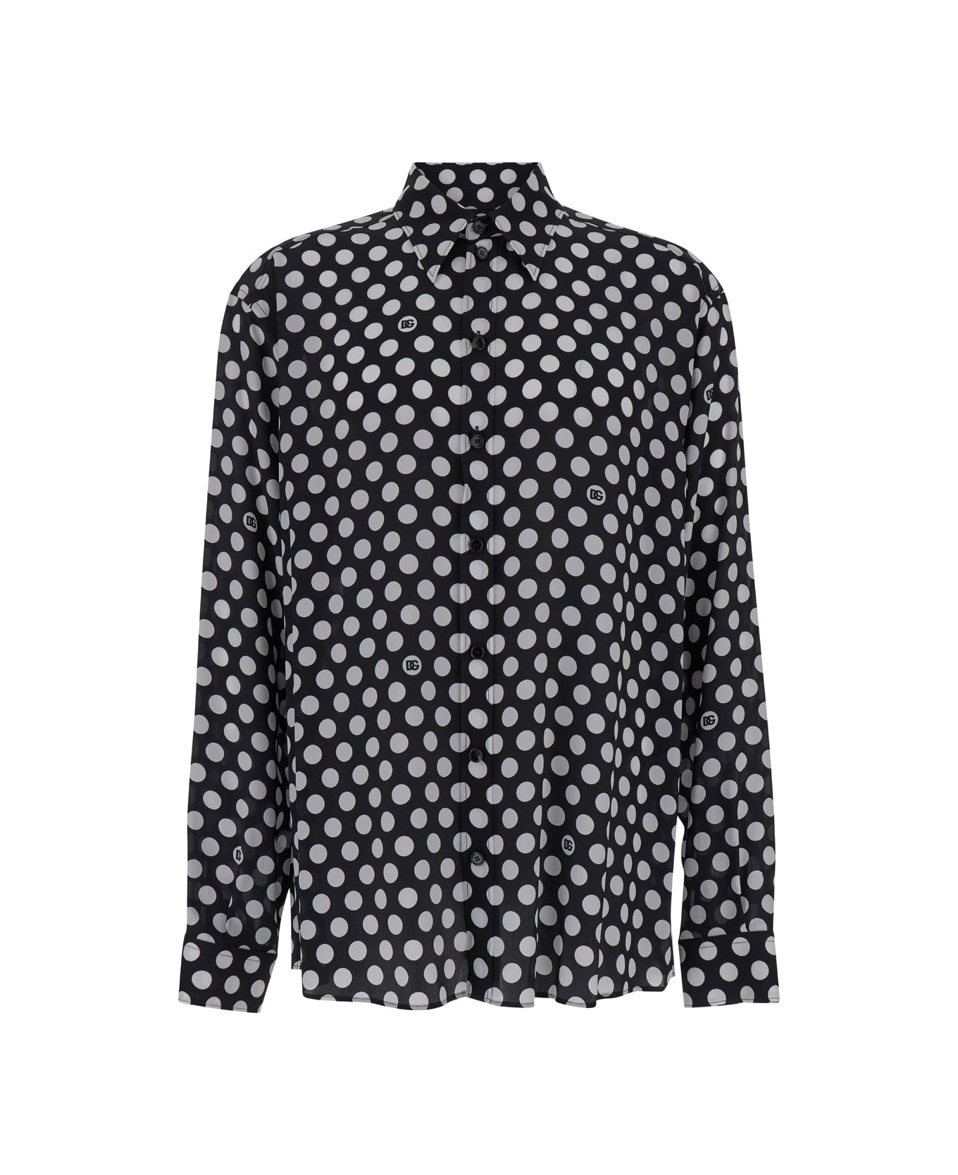 Dolce & Gabbana Black Oversized Shirt With Polka Dot Dg Print In Silk Crepe Man - Black