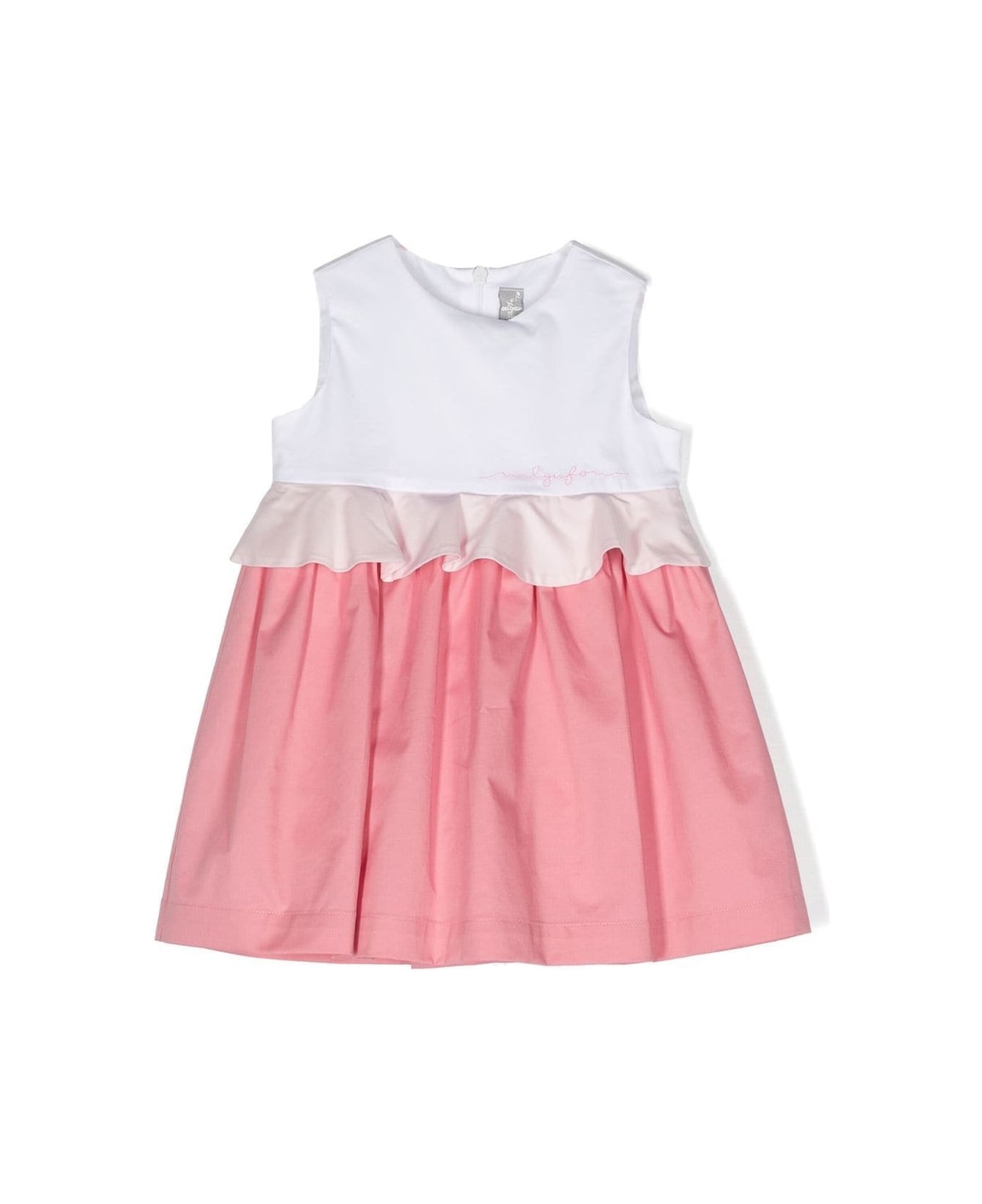 Il Gufo White And Pink Sleeveless Dress With Ruffle Detailing In Cotton Stretch Girl - Multicolor