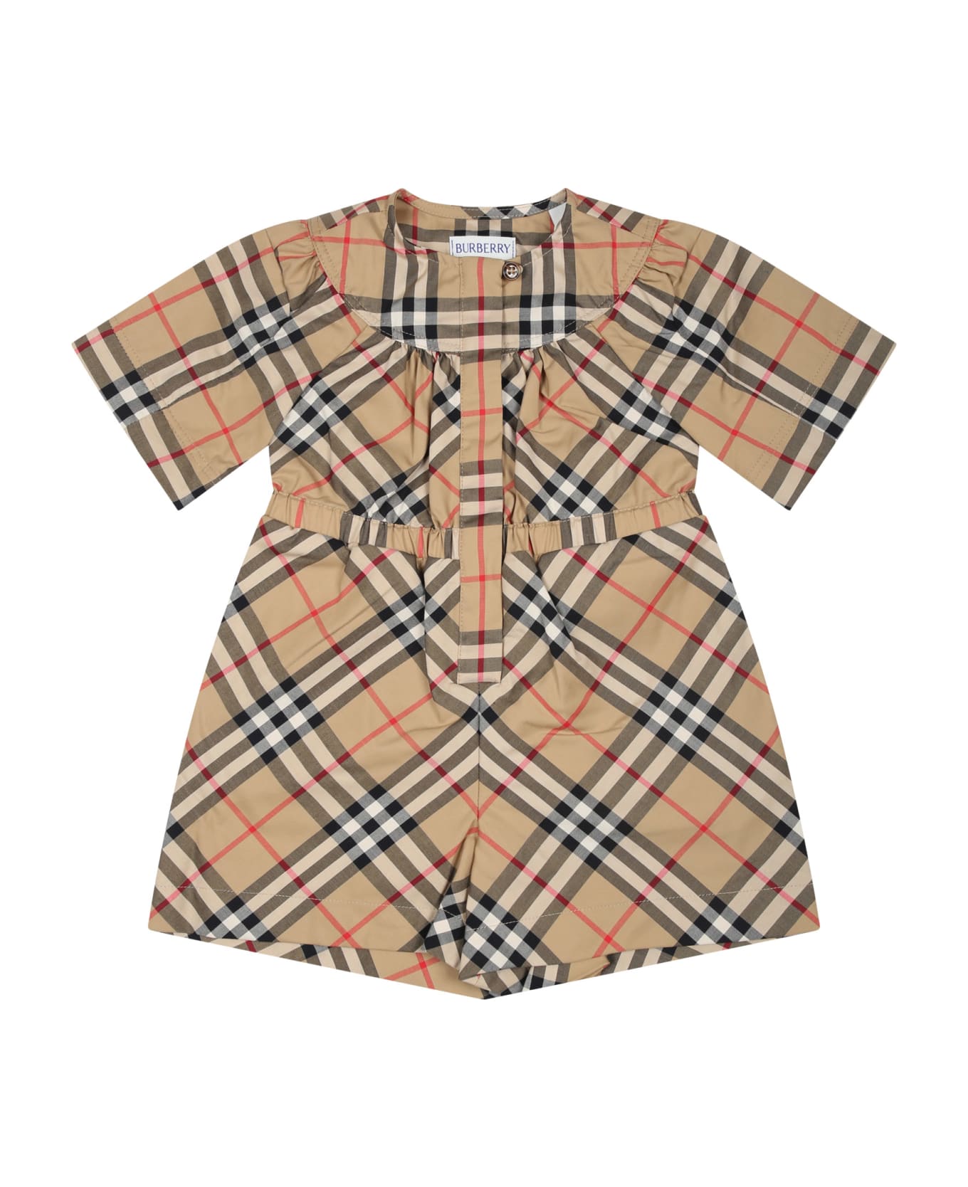 Burberry Beige Jumpsuit For Baby Girl With Vintage Check - Beige ボディスーツ＆セットアップ