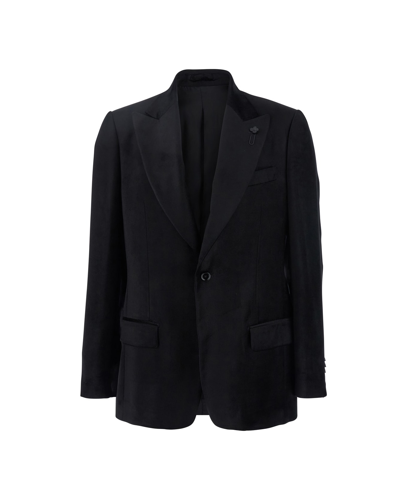 Lardini Black Single Breasted Jacket Witg Pointed Lapels In Velvet Man - Black