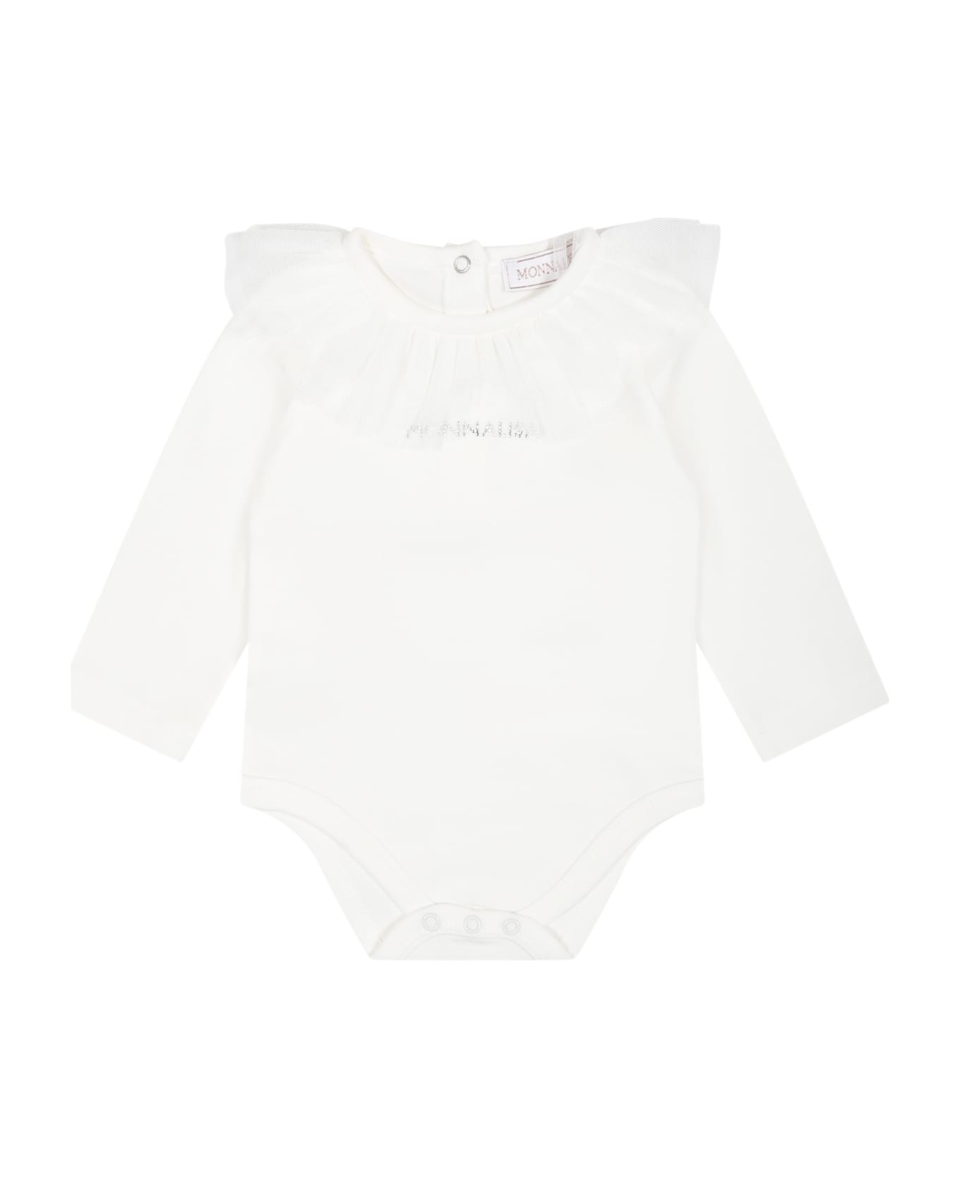 Monnalisa White Set For Baby Girl With Logo - White ボディスーツ＆セットアップ