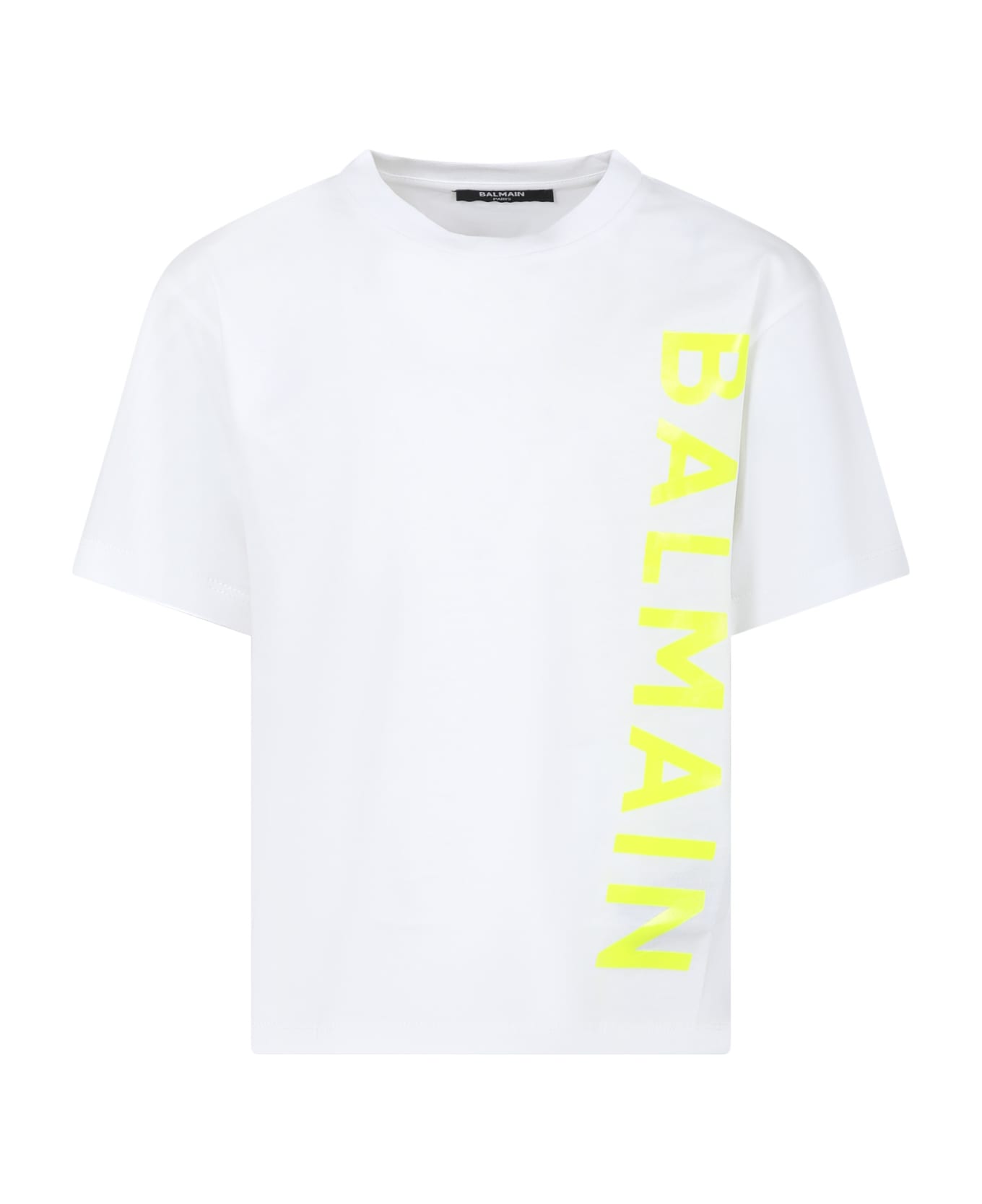 Balmain White T-shirt For Kids With Yellow Logo - White