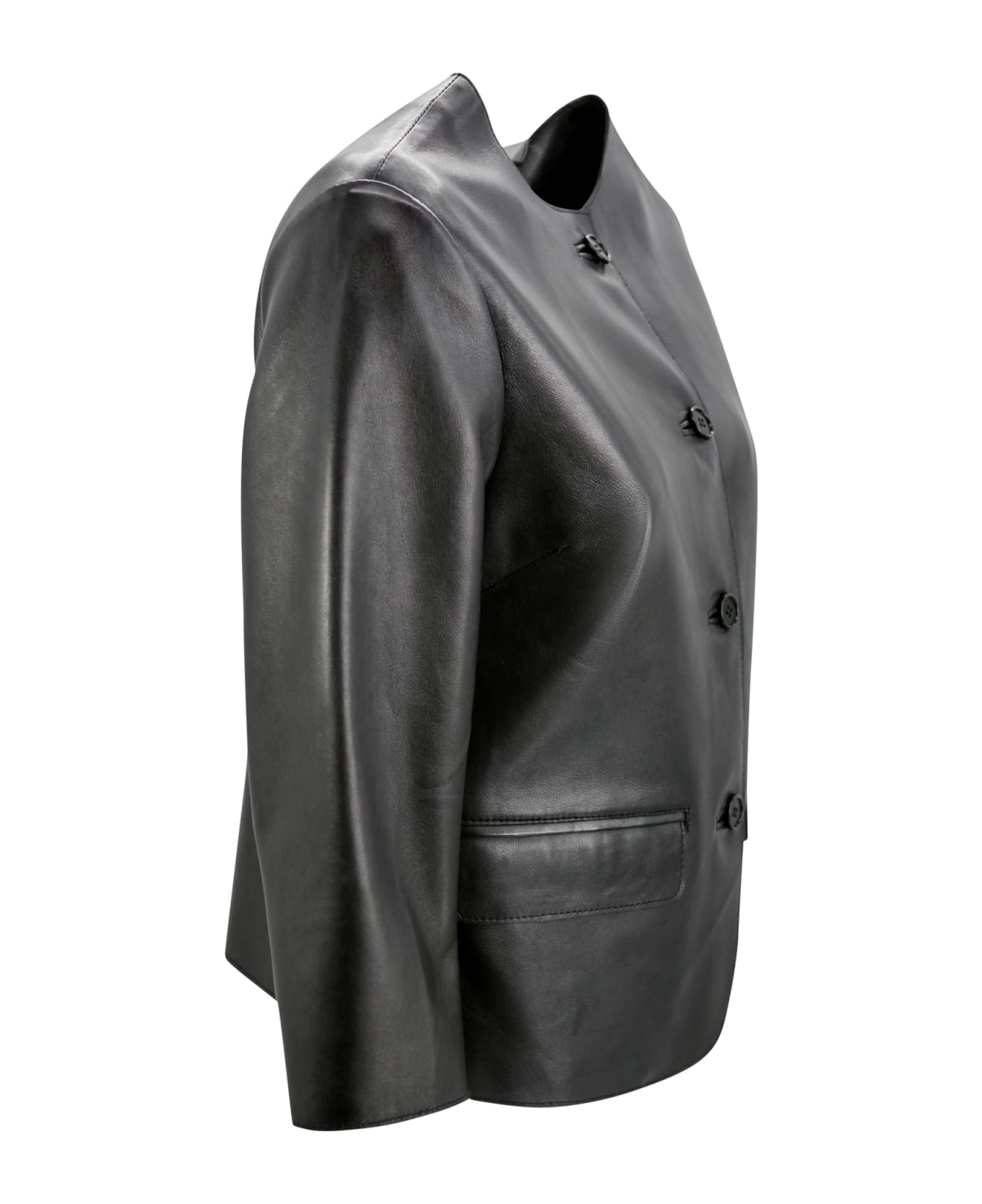 Parosh Cropped Button-up Leather Jacket - Black