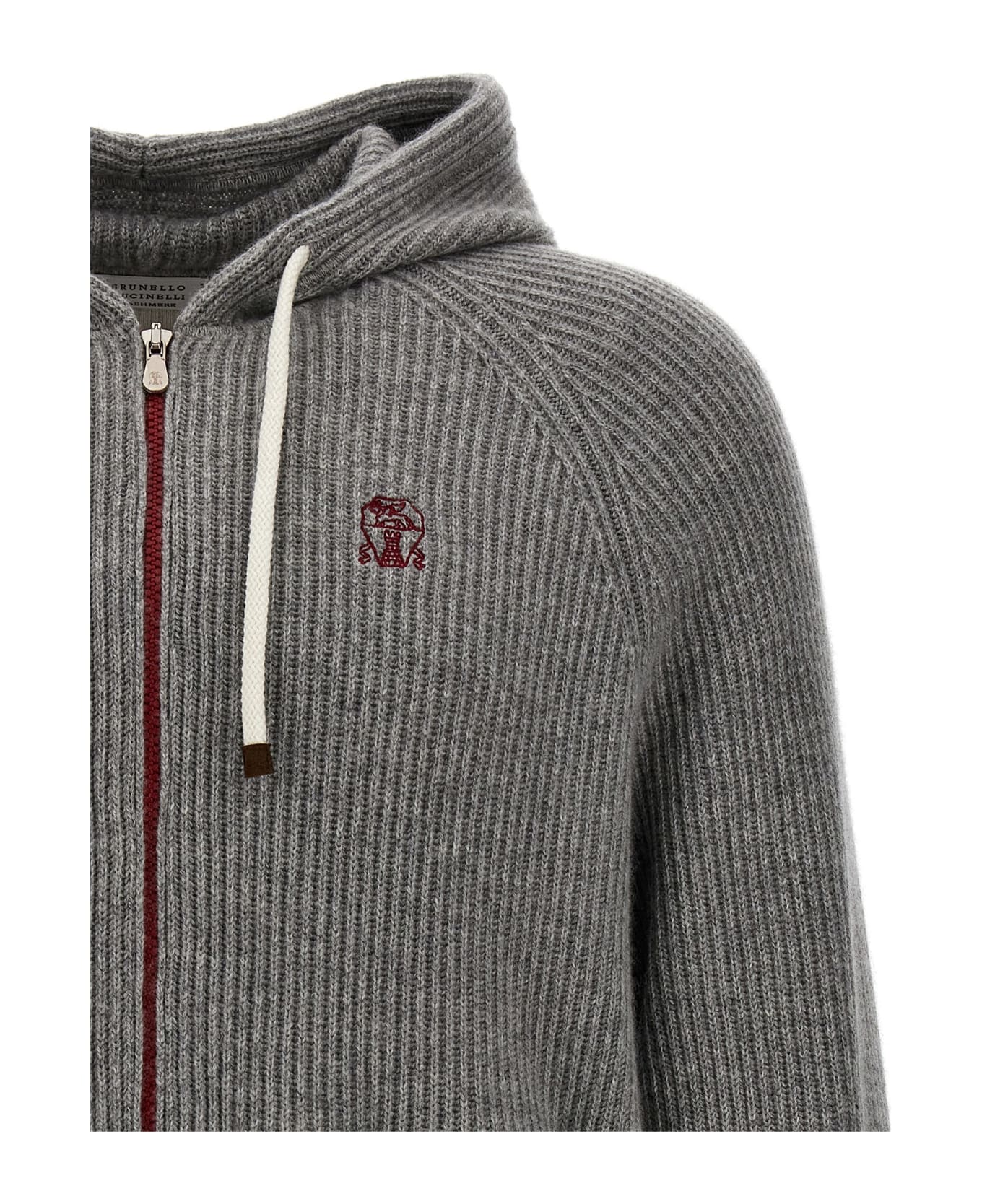 Brunello Cucinelli Logo Embroidered Hooded Cardigan - Gray
