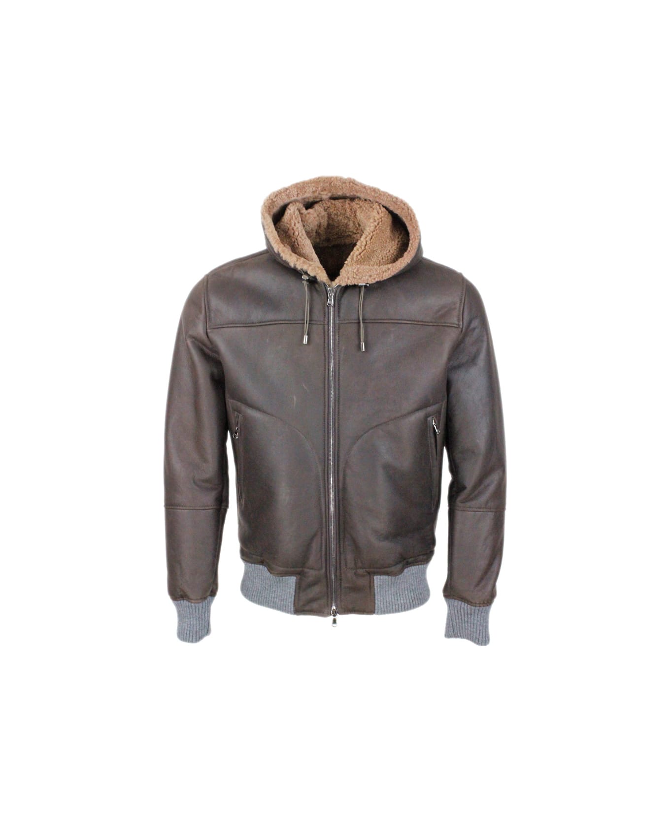 Barba Napoli Shearling Bomber Jacket With Hood With Drawstring And Trims In Stretch Knit And Zip Closure - Brown ジャケット