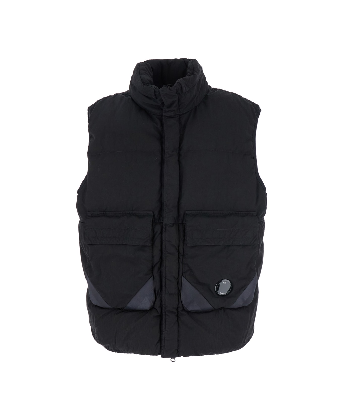 C.P. Company Black Vest With Mock Drawstring Neck And Logo Plaque On The Front In Tech Fabric Man - Black
