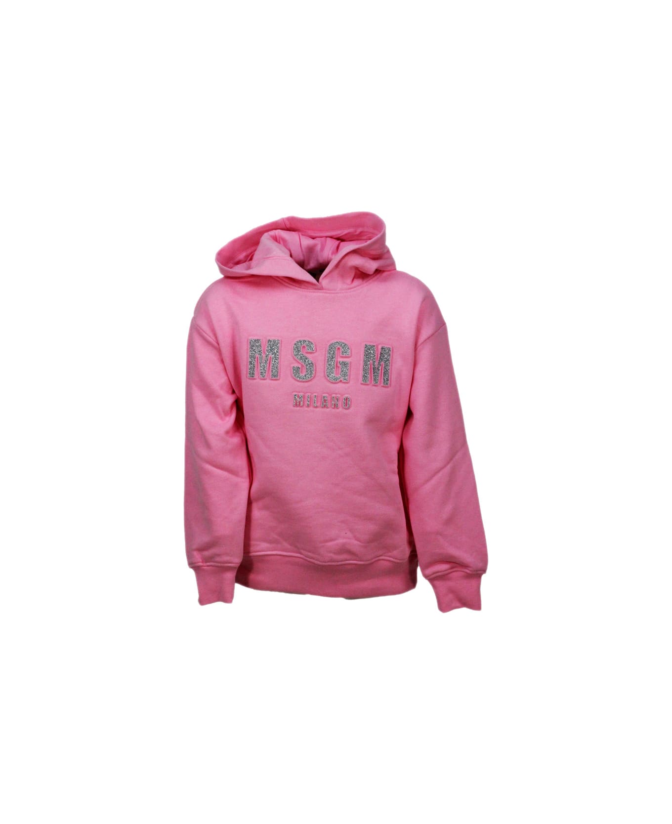MSGM Long-sleeved Hooded Sweatshirt With Embossed Writing With Lurex - Pink