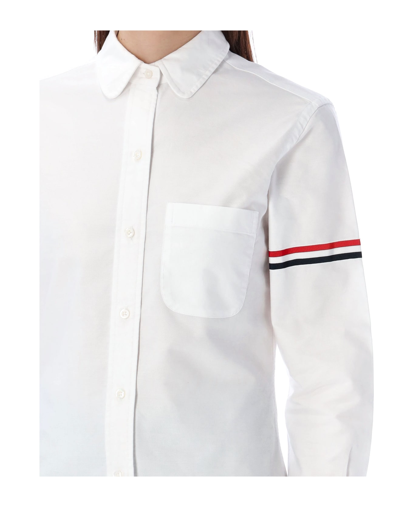 Thom Browne Stripe Oxford Armband Classic Round Collar Shirt - WHITE