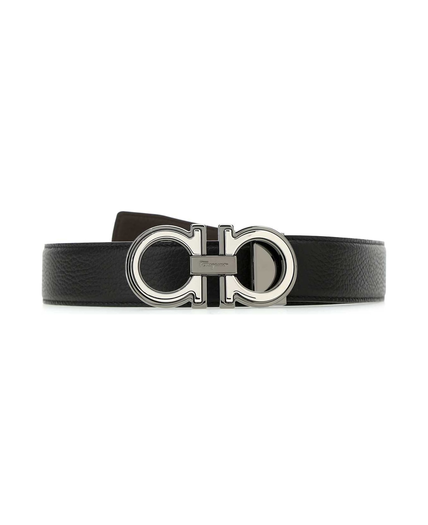 Ferragamo Black Leather Reversible Belt - NEROHICKORY