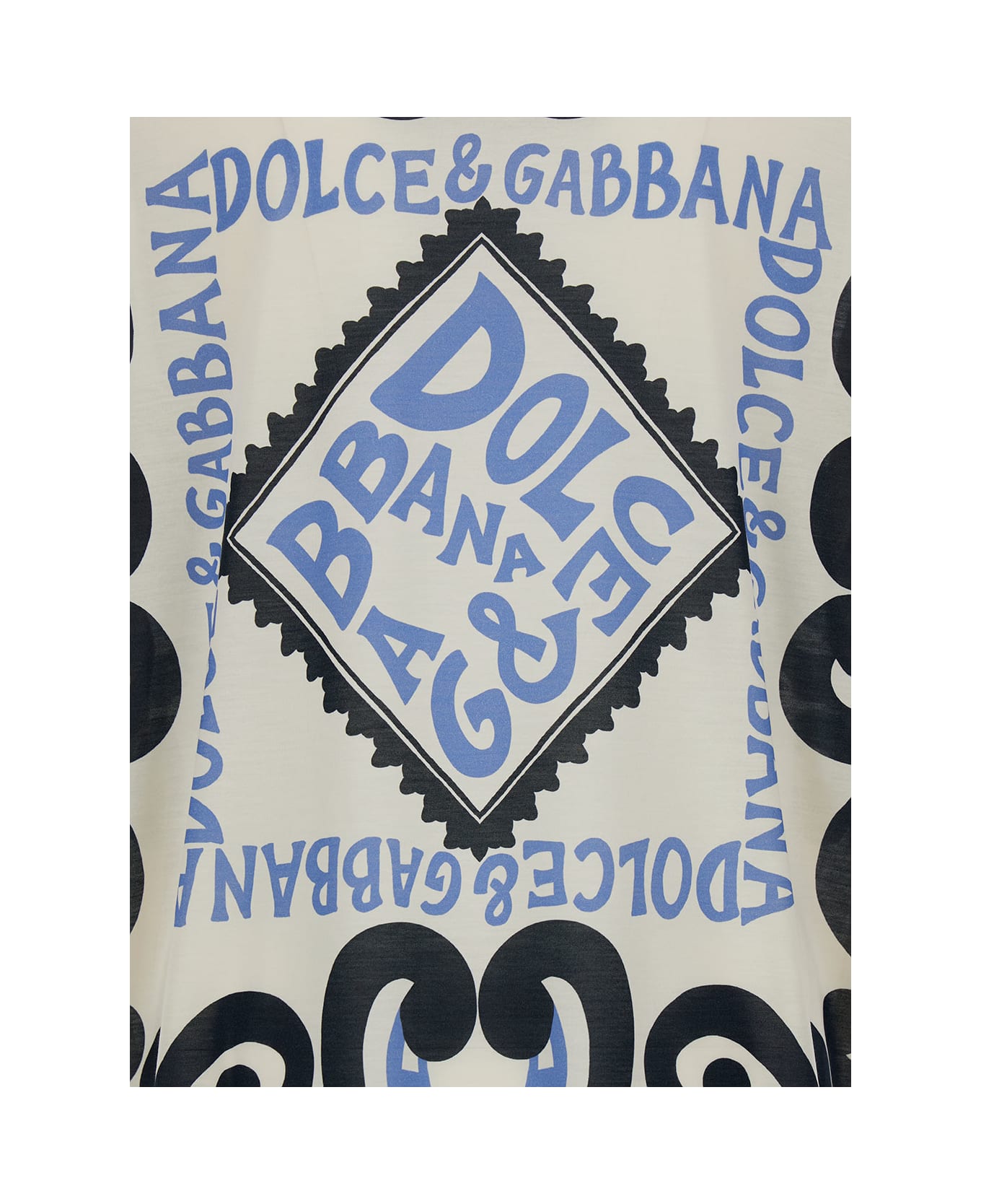 Dolce & Gabbana Light Blue And White Crewneck T-shirt With Marina Print In Silk Man - White