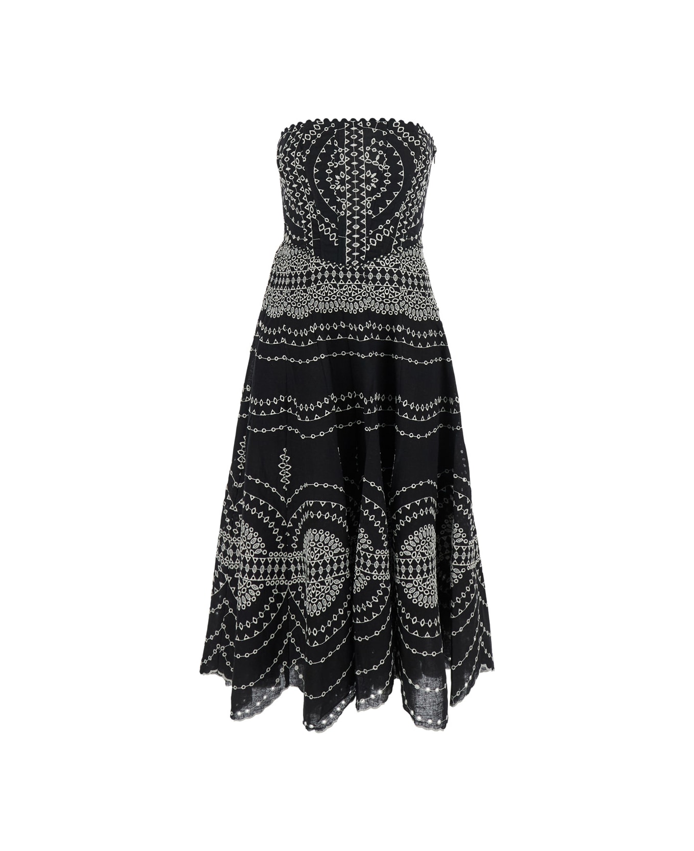 Charo Ruiz 
iris
 Black Long Dress With All-over Embroideries And Ruffled Skirt In Cotton And Linen Blend Woman - Black