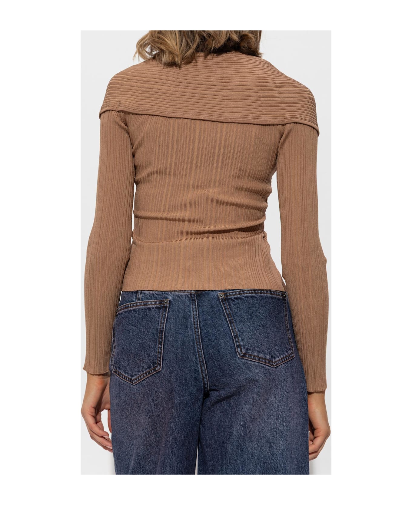 self-portrait Self Portrait Ribbed Top With Long Sleeves - Beige